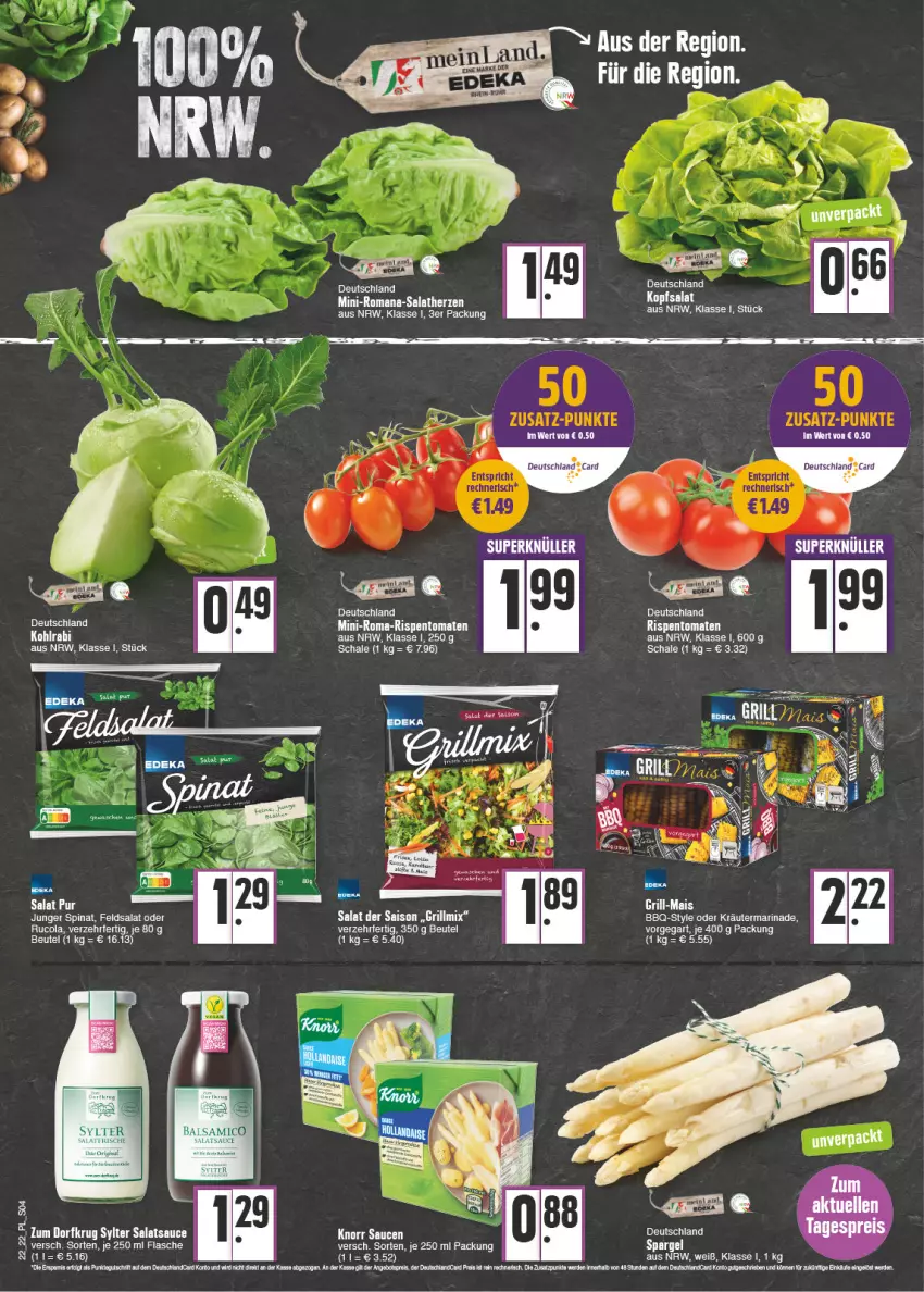 Aktueller Prospekt E Center - Angebote der Woche - von 30.05 bis 04.06.2022 - strona 4 - produkty: beutel, cola, feldsalat, flasche, knorr, kopfsalat, kräuter, marinade, oder kräuter, rispentomaten, rucola, salat, salatherzen, salatsauce, sauce, saucen, Schal, Schale, spargel, spinat, Sylter, tee, Ti, tomate, tomaten, Zum Dorfkrug