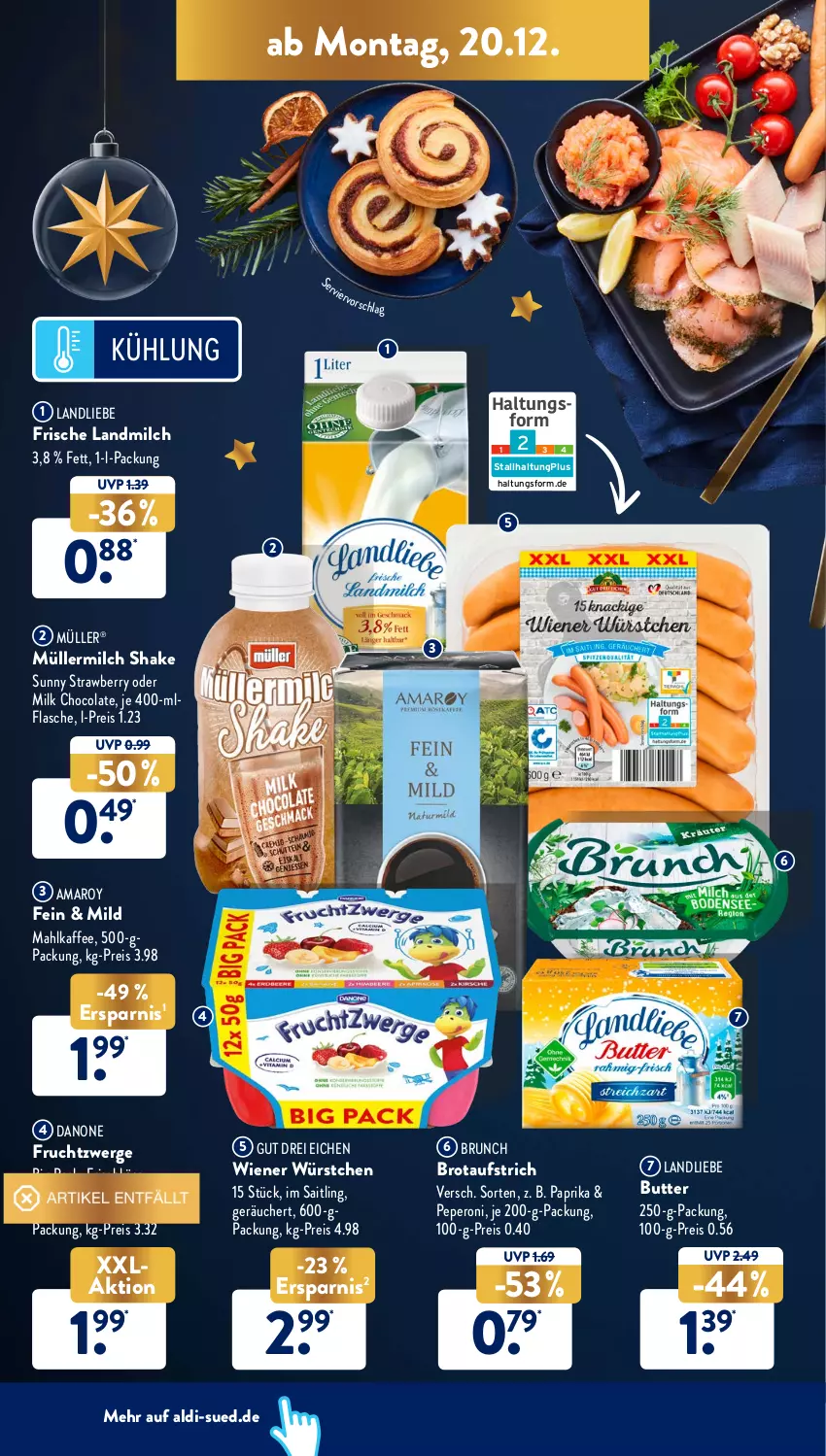 Aktueller Prospekt AldiSud - ALDI Aktuell - von 20.12 bis 24.12.2021 - strona 14 - produkty: aldi, amaro, aufstrich, brot, brotaufstrich, butter, cola, danone, danone fruchtzwerge, eis, flasche, frischkäse, frischkäsezubereitung, frucht, früchte, früchten, fruchtzwerge, kaffee, Käse, landliebe, landmilch, milch, Müller, müllermilch, paprika, peperoni, Peroni, reis, shake, Ti, wiener, wiener würstchen, würstchen