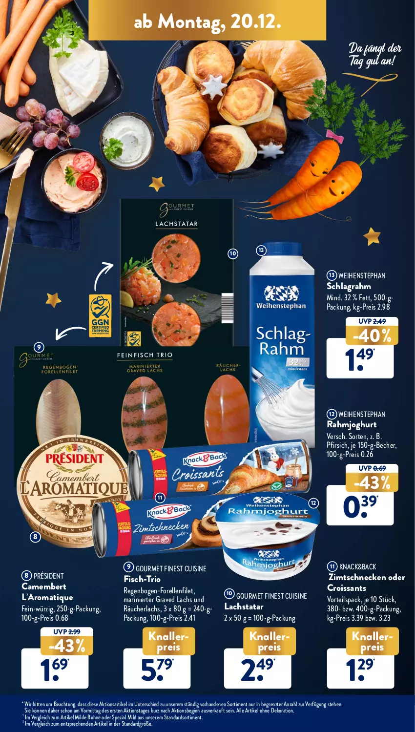 Aktueller Prospekt AldiSud - ALDI Aktuell - von 20.12 bis 24.12.2021 - strona 15 - produkty: alle artikel ohne dekoration, Becher, bohne, camembert, Croissant, croissants, dekoration, eis, elle, filet, fisch, forelle, gin, Graved Lachs, joghur, joghurt, knallerpreis, lachs, pfirsich, rahmjoghurt, Räucherlachs, reis, rel, schlagrahm, Spezi, Ti, weihenstephan, ZTE