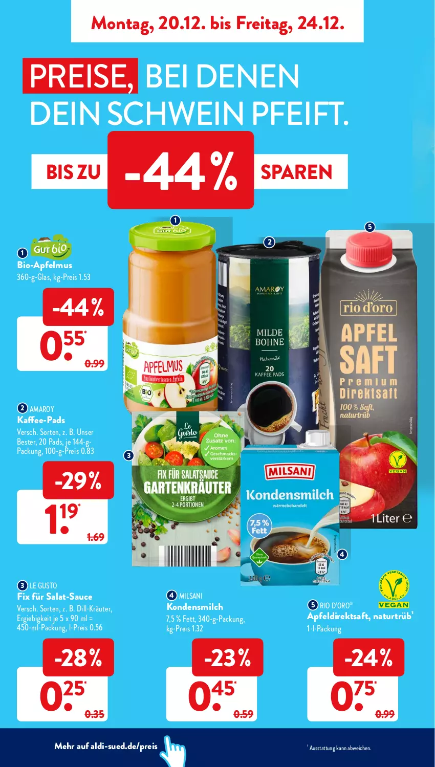 Aktueller Prospekt AldiSud - ALDI Aktuell - von 20.12 bis 24.12.2021 - strona 2 - produkty: aldi, amaro, apfel, Apfeldirektsaft, apfelmus, bio, direktsaft, eis, kaffee, kaffee-pads, kondensmilch, kräuter, milch, natur, reis, saft, salat, sauce, schwein, wein