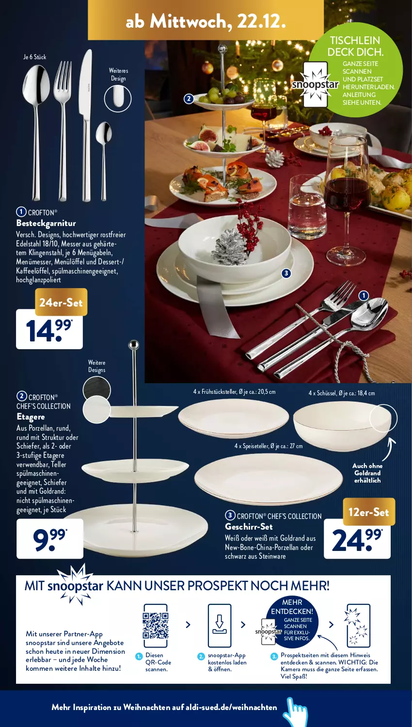 Aktueller Prospekt AldiSud - ALDI Aktuell - von 20.12 bis 24.12.2021 - strona 34 - produkty: aldi, angebot, angebote, besteck, Crofton, crofton®, decke, dessert, eckgarnitur, edelstahl, eier, eis, elle, Etagere, Frühstücksteller, gabel, garnitur, geschirr, Geschirr-Set, Heu, hochglanz, kaffee, kamera, Löffel, messer, rwe, schüssel, Speiseteller, spülmaschinen, teller, Ti, tisch, weihnachten