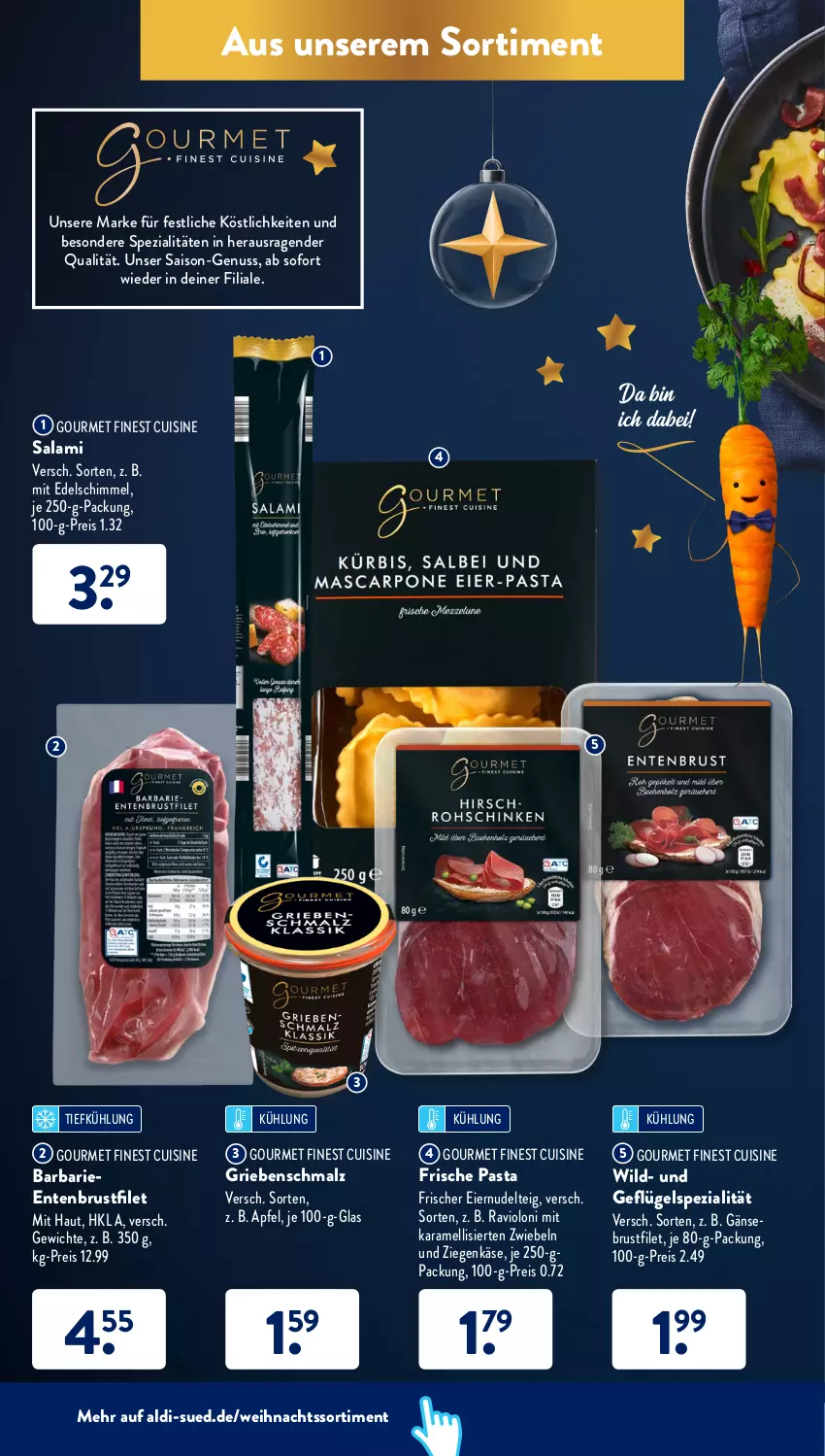 Aktueller Prospekt AldiSud - ALDI Aktuell - von 20.12 bis 24.12.2021 - strona 44 - produkty: aldi, apfel, brustfilet, eier, eis, ente, Entenbrust, filet, Frische Pasta, Gänsebrust, Geflügel, je 250-g-packung, karamell, Käse, malz, nudel, nuss, pasta, reis, salami, Schmalz, Spezi, Ti, Wild, ziegenkäse, zwiebel, zwiebeln