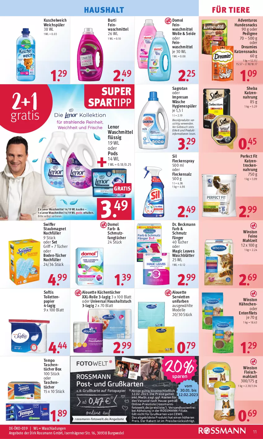 Aktueller Prospekt Rossmann - Prospekte - von 30.01 bis 03.02.2023 - strona 15 - produkty: adventuros, alouette, angebot, angebote, bio, biozidprodukte, burti, cewe, dell, Domol, Dr. Beckmann, dreamies, eis, elle, ente, Fangtücher, feinwaschmittel, filet, filets, fleisch, hundesnack, hundesnacks, hygienespüler, katzennahrung, katzensnack, katzensnacks, küche, Küchen, küchentücher, Kuschelweich, lenor, lenor waschmittel, Mode, ndk, papier, pedigree, Perfect Fit, Pods, Rauch, reis, resa, rwe, sagrotan, salz, Serviette, servietten, sheba, snack, snacks, spartipp, staubmagnet, swiffer, Tasche, taschen, taschentücher, Tempo, Ti, Tiere, toilettenpapier, Trockennahrung, tuc, tücher, versandkostenfrei, waschmittel, wedel, weichspüler, wolle