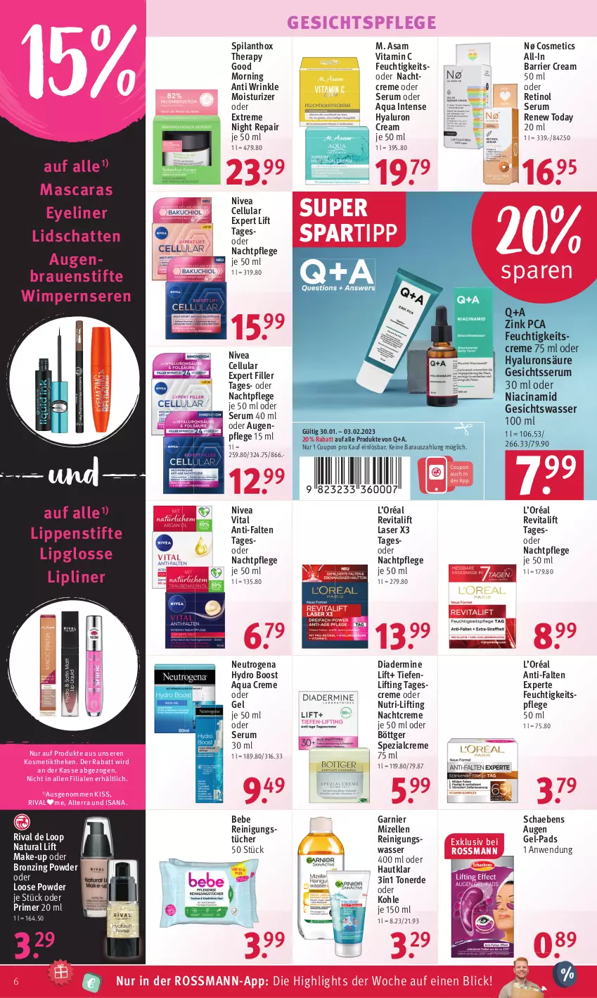 Aktueller Prospekt Rossmann - Prospekte - von 30.01 bis 03.02.2023 - strona 6 - produkty: alterra, anti-falten experte, aqua, Augenpflege, Bebe, cin, coupon, creme, Diadermine, elle, erde, Eyeliner, feuchtigkeitscreme, feuchtigkeitspflege, garnier, gesichtspflege, Gesichtswasser, gsw, hyaluron, isana, kosmetik, Lipgloss, Lippenstift, Loose, Make-up, Mascara, mizellen, Mizellen Reinigungswasser, nachtcreme, nachtpflege, natur, natura, neutrogena, nivea, Reinigung, reinigungstücher, Revital, revitalift, rum, sana, Schaebens, Serum, spartipp, Spezi, stifte, tagescreme, Ti, Toner, tücher, vita, Vitamin C, wasser