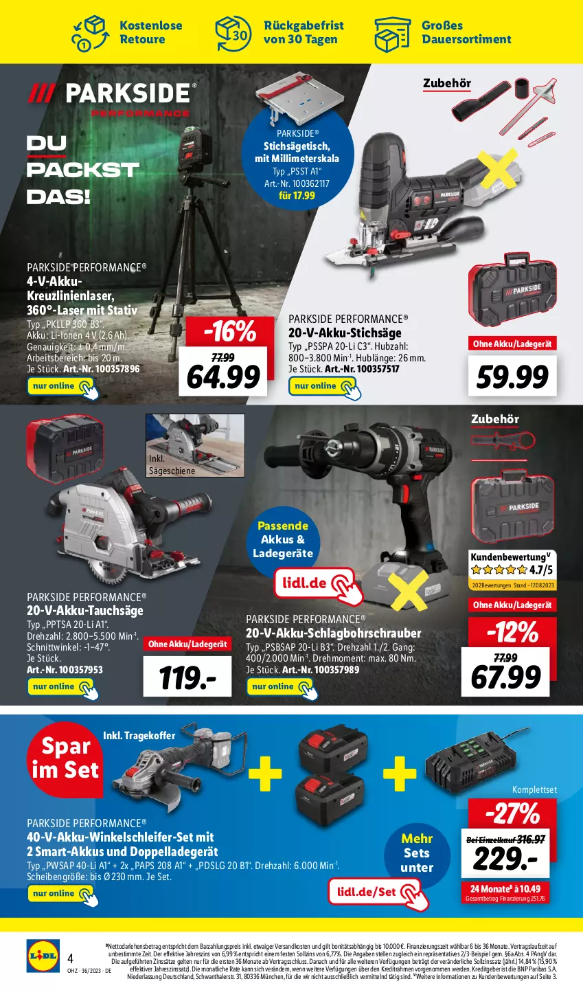 Aktueller Prospekt Lidl - Wochen-Highlights im Onlineshop - von 04.09 bis 10.09.2023 - strona 10 - produkty: akku, Akku-Schlagbohrschrauber, Akku-Winkelschleifer, auer, Bohrschrauber, eis, elle, erde, koffer, ladegerät, LG, ndk, Parkside, reis, säge, stichsäge, Tauchsäge, Ti, tisch, Winkelschleifer