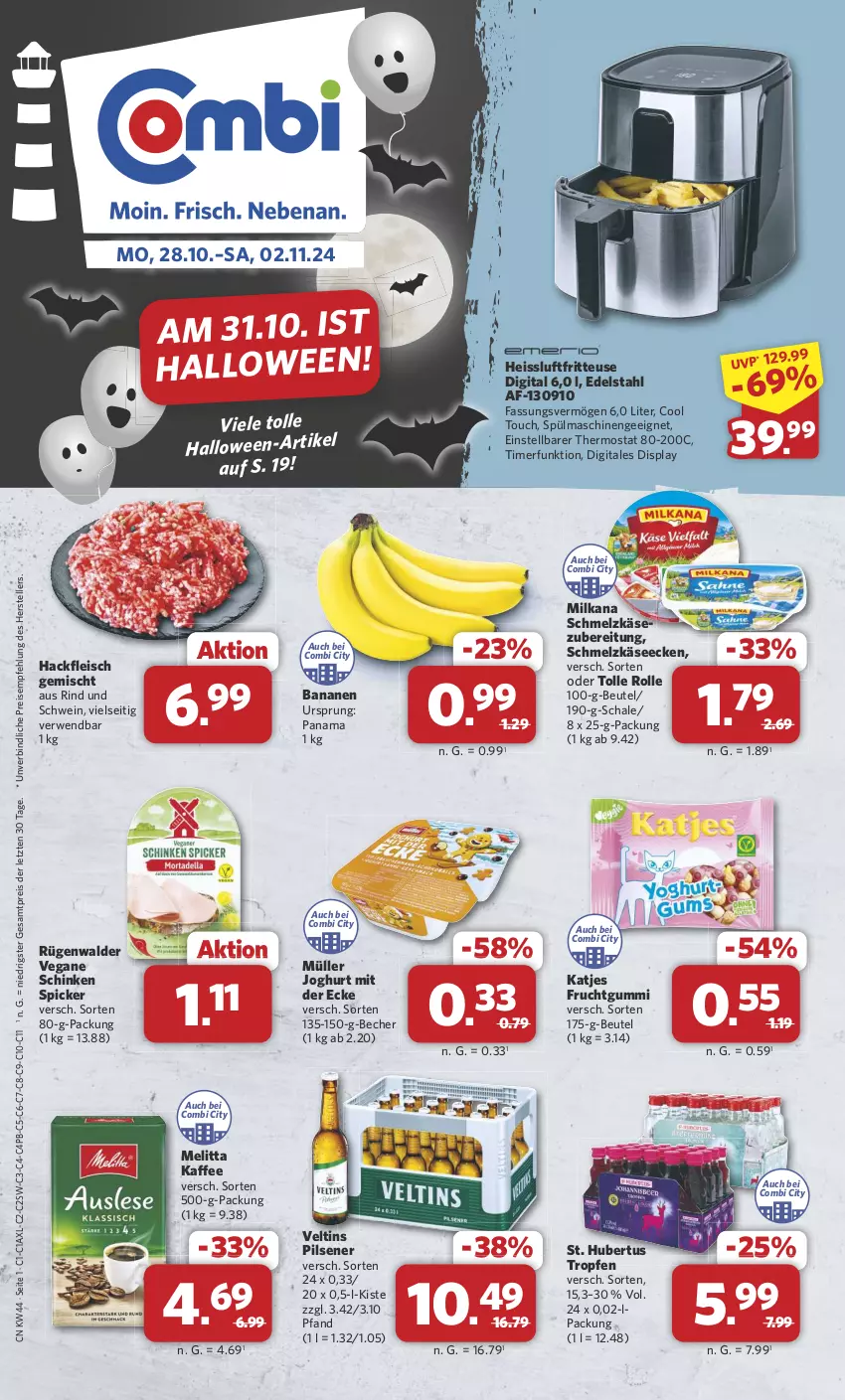 Aktueller Prospekt Combi - Prospekte - von 28.10 bis 02.11.2024 - strona 1 - produkty: banane, bananen, Becher, beutel, edelstahl, eis, elle, fleisch, fritteuse, frucht, fruchtgummi, hackfleisch, hackfleisch gemischt, joghur, joghurt, joghurt mit der ecke, kaffee, Käse, katjes, melitta, milka, milkana, Müller, pils, pilsener, reis, rind, rügenwalder, rwe, Schal, Schale, schinken, schinken spicker, Schmelzkäse, schmelzkäsezubereitung, schwein, spülmaschinen, teller, thermostat, Ti, timer, veltins, veltins pilsener, wein, ZTE