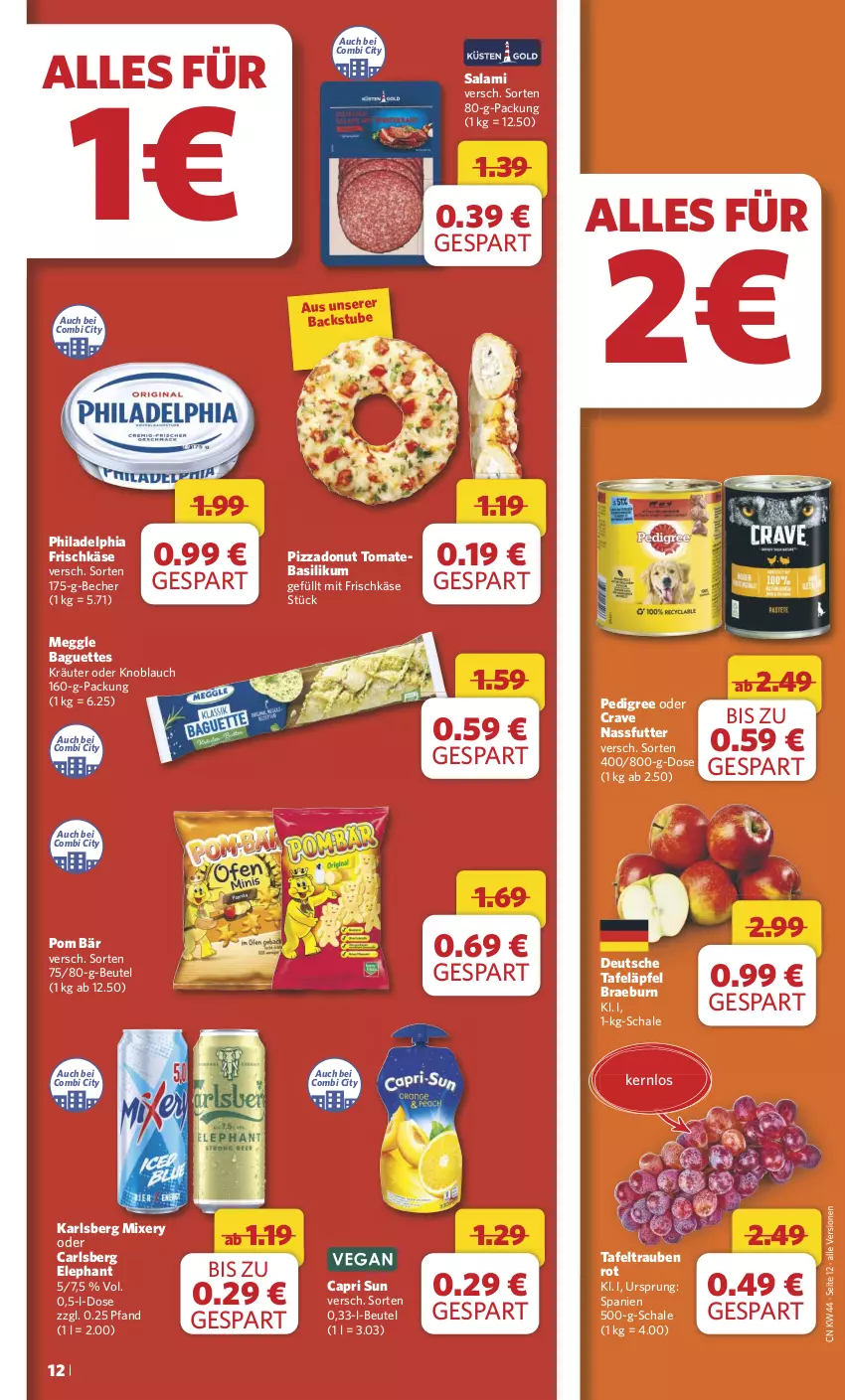 Aktueller Prospekt Combi - Prospekte - von 28.10 bis 02.11.2024 - strona 12 - produkty: baguette, baguettes, basilikum, Becher, beutel, Cap, carlsberg, Donut, frischkäse, karlsberg, karlsberg mixery, Käse, knoblauch, kräuter, meggle, Mixer, mixery, nassfutter, pedigree, philadelphia, pizza, salami, Schal, Schale, stube, tafeläpfel, tafeltrauben, tomate, trauben