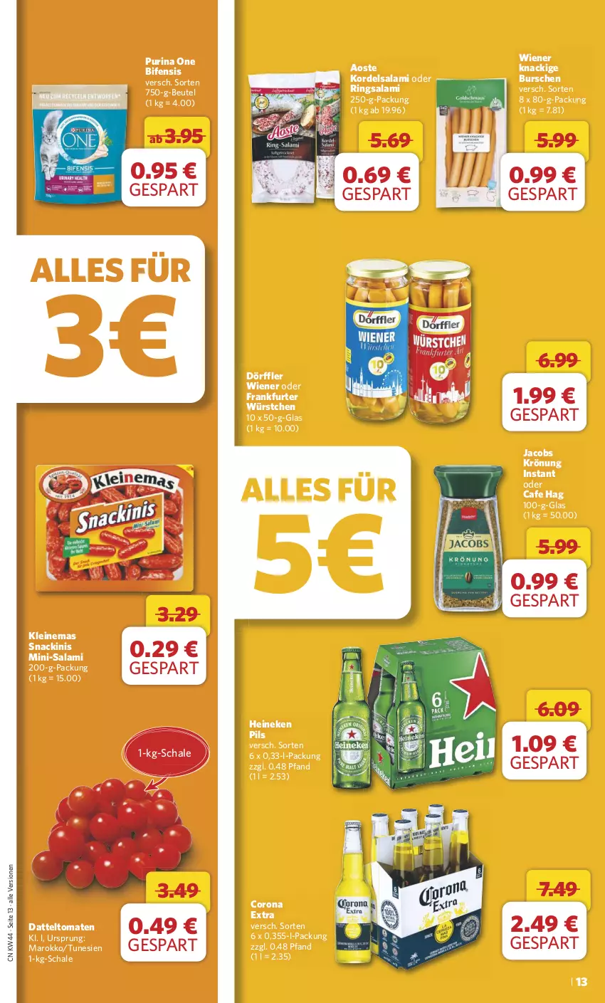 Aktueller Prospekt Combi - Prospekte - von 28.10 bis 02.11.2024 - strona 13 - produkty: beutel, corona, corona extra, datteltomaten, frankfurter, heineken, jacobs, jacobs krönung, leine, Mini-Salami, pils, purina, ring, salami, Schal, Schale, snack, tomate, tomaten, wiener, würstchen