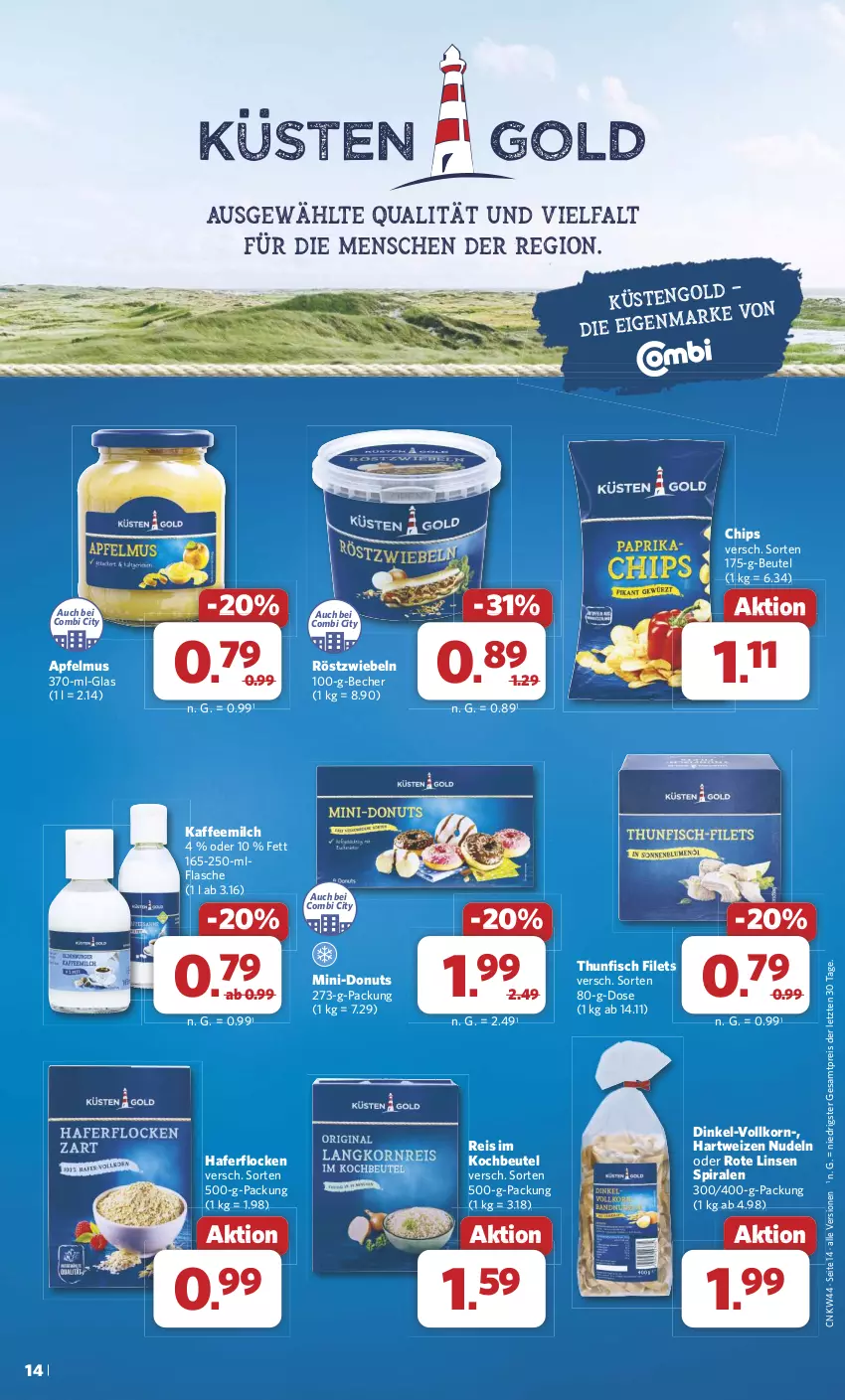 Aktueller Prospekt Combi - Prospekte - von 28.10 bis 02.11.2024 - strona 14 - produkty: apfel, apfelmus, Becher, beutel, chips, Donut, donuts, eis, filet, filets, fisch, flasche, hafer, haferflocken, hartweizen, kaffee, Kaffeemilch, kochbeutel, korn, linsen, milch, nudel, nudeln, reis, röstzwiebeln, Rote Linsen, thunfisch, thunfisch filets, Ti, ZTE, zwiebel, zwiebeln