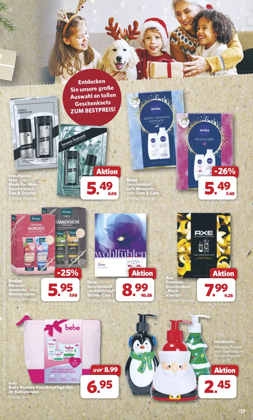 Aktueller Prospekt Combi - Prospekte - von 28.10 bis 02.11.2024 - strona 17 - produkty: axe, Bau, Bebe, bestpreis, beutel, bruno banani, decke, deo, dove, dusche, eis, elle, ente, flasche, geschenkset, gesichtspflege, Handseife, kneipp, lack, nivea, pingui, reis, sac, Seife, Tannenbaum, teller, Ti, ZTE