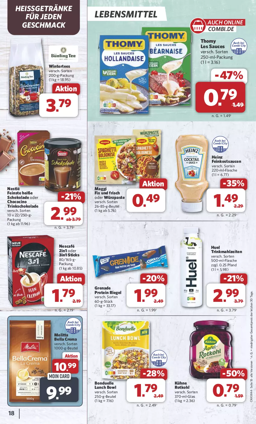 Aktueller Prospekt Combi - Prospekte - von 28.10 bis 02.11.2024 - strona 18 - produkty: bella crema, beutel, bonduelle, cin, eis, elle, feinkost, flasche, getränk, getränke, heinz, Kühne, lebensmittel, mac, maggi, maggi fix, melitta, Nescafé, nestlé, reis, riegel, rotkohl, sauce, saucen, schoko, schokolade, tee, thomy, thomy les sauces, Ti, ZTE