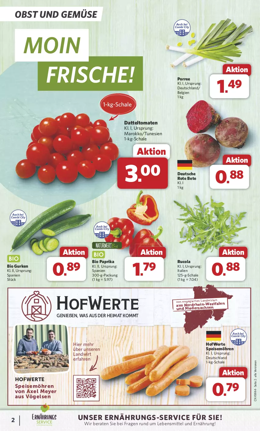 Aktueller Prospekt Combi - Prospekte - von 28.10 bis 02.11.2024 - strona 2 - produkty: axe, bio, bio gurken, cola, datteltomaten, eis, gurke, gurken, lebensmittel, LG, möhren, obst, Obst und Gemüse, paprika, rote bete, rucola, sac, Schal, Schale, speisemöhren, Ti, tomate, tomaten, und gemüse