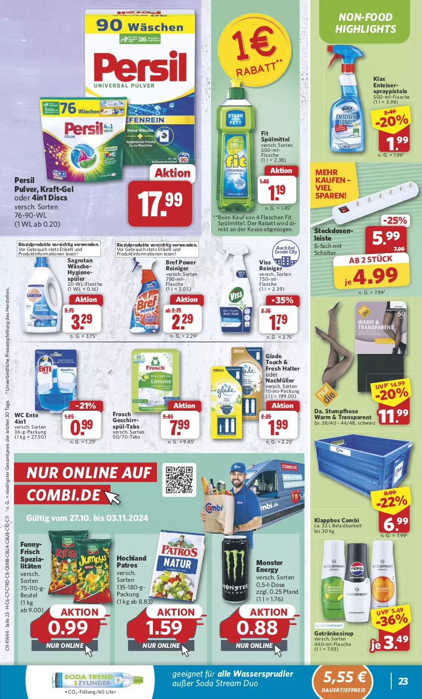 Aktueller Prospekt Combi - Prospekte - von 28.10 bis 02.11.2024 - strona 23 - produkty: auer, beutel, bio, biozidprodukte, Bref, bref power, dauertiefpreis, eis, elle, ente, flasche, Frosch, geschirr, getränk, getränke, getränkesirup, Glade, hochland, hose, hygienespüler, Klappbox, kraft, monster, Monster Energy, patros, persil, Rauch, reiniger, reis, rwe, sagrotan, Schal, sirup, Soda, Spezi, spülmittel, steckdose, Steckdosenleiste, teller, Ti, tiefpreis, wasser, wassersprudler, wc ente, ZTE