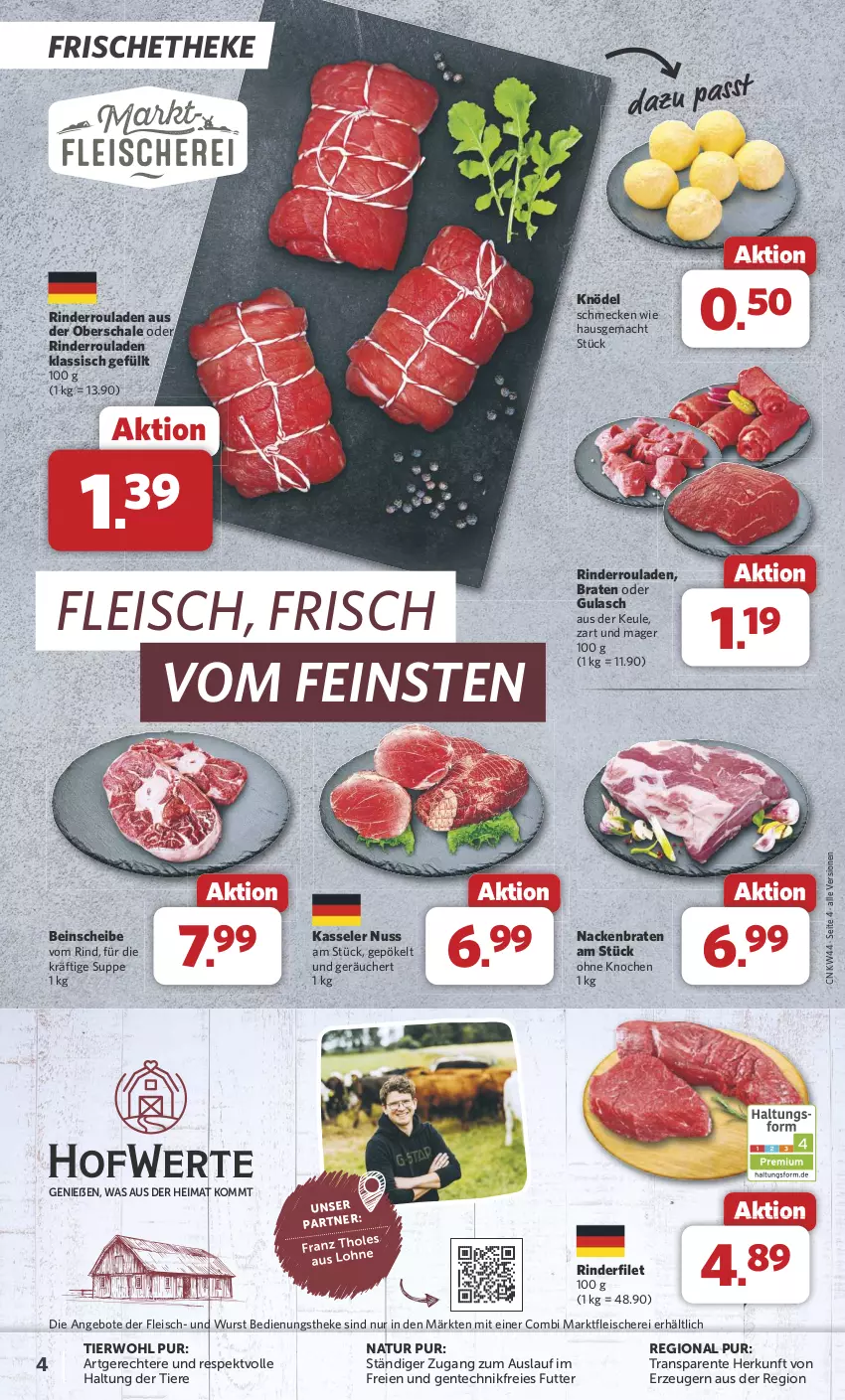 Aktueller Prospekt Combi - Prospekte - von 28.10 bis 02.11.2024 - strona 4 - produkty: angebot, angebote, braten, eis, ente, filet, fleisch, Fleischerei, gulasch, kasseler, Knödel, mac, natur, nuss, rind, rinder, rinderfilet, Rinderroulade, rinderrouladen, rouladen, Schal, Schale, Schere, suppe, Ti, Tiere, wurst