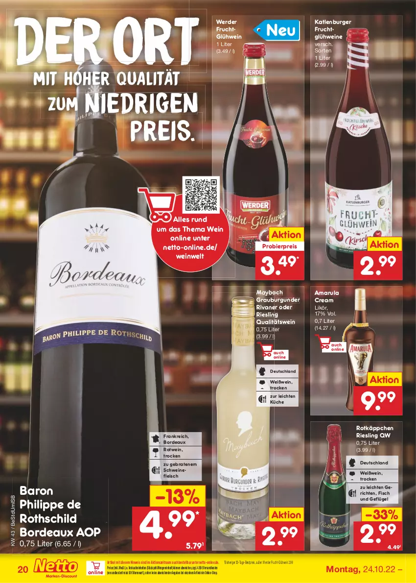 Aktueller Prospekt Netto Marken-Discount - Filial-Angebote - von 24.10 bis 29.10.2022 - strona 20 - produkty: amarula, bestpreis, bier, braten, burger, burgunder, eis, erde, fisch, fleisch, frucht, Geflügel, Glühwein, grauburgunder, katlenburger, küche, likör, maybach, ndk, qualitätswein, reis, riesling, Rivaner, rotkäppchen, rotwein, schwein, schweine, schweinefleisch, Ti, versandkostenfrei, wein, weine, Weißwein