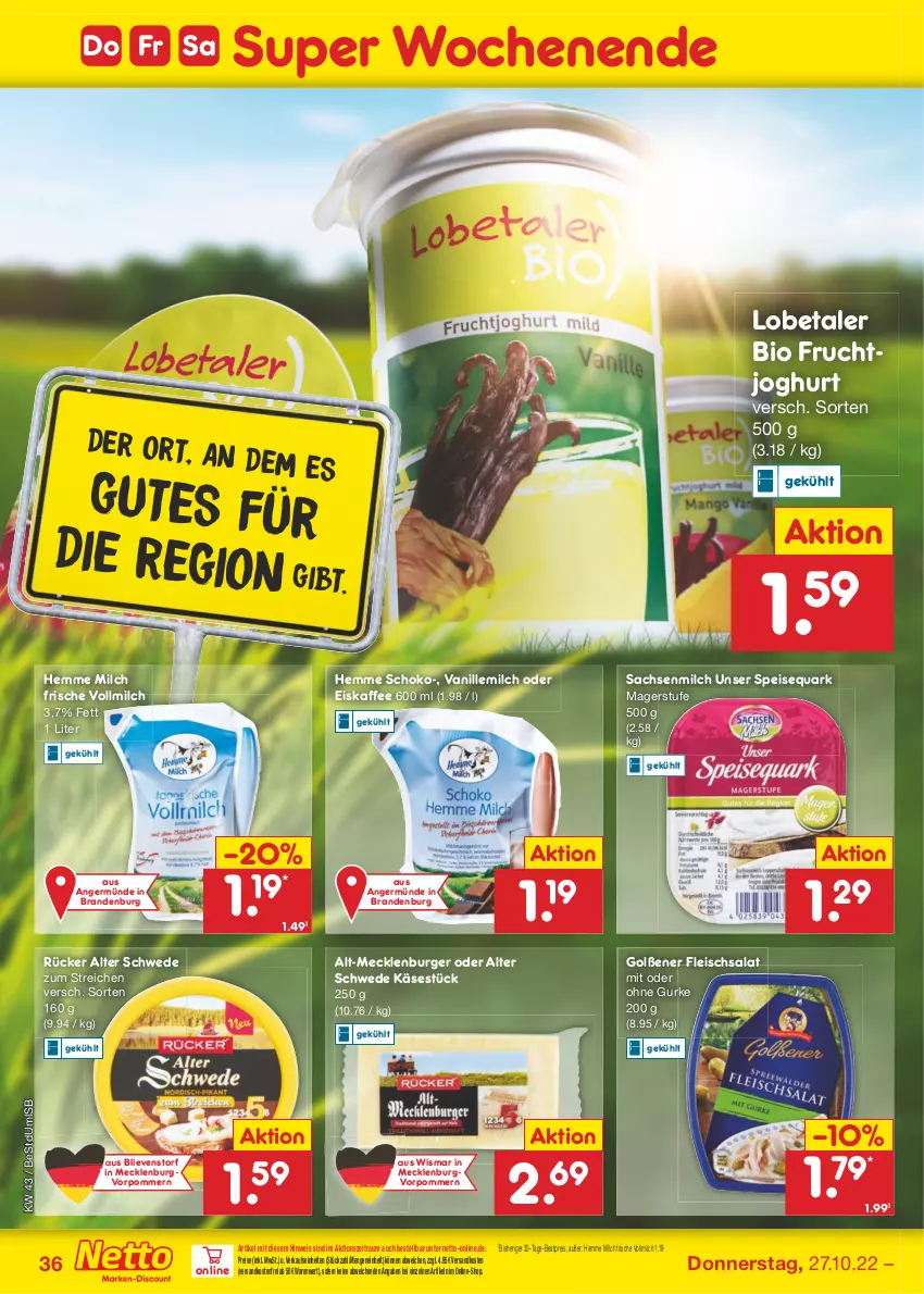 Aktueller Prospekt Netto Marken-Discount - Filial-Angebote - von 24.10 bis 29.10.2022 - strona 36 - produkty: bestpreis, bio, burger, eis, eiskaffee, fleisch, fleischsalat, frucht, fruchtjoghurt, Germ, gurke, joghur, joghurt, kaffee, Käse, milch, ndk, quark, reis, sac, salat, schoko, speisequark, Ti, vanille, versandkostenfrei, vollmilch