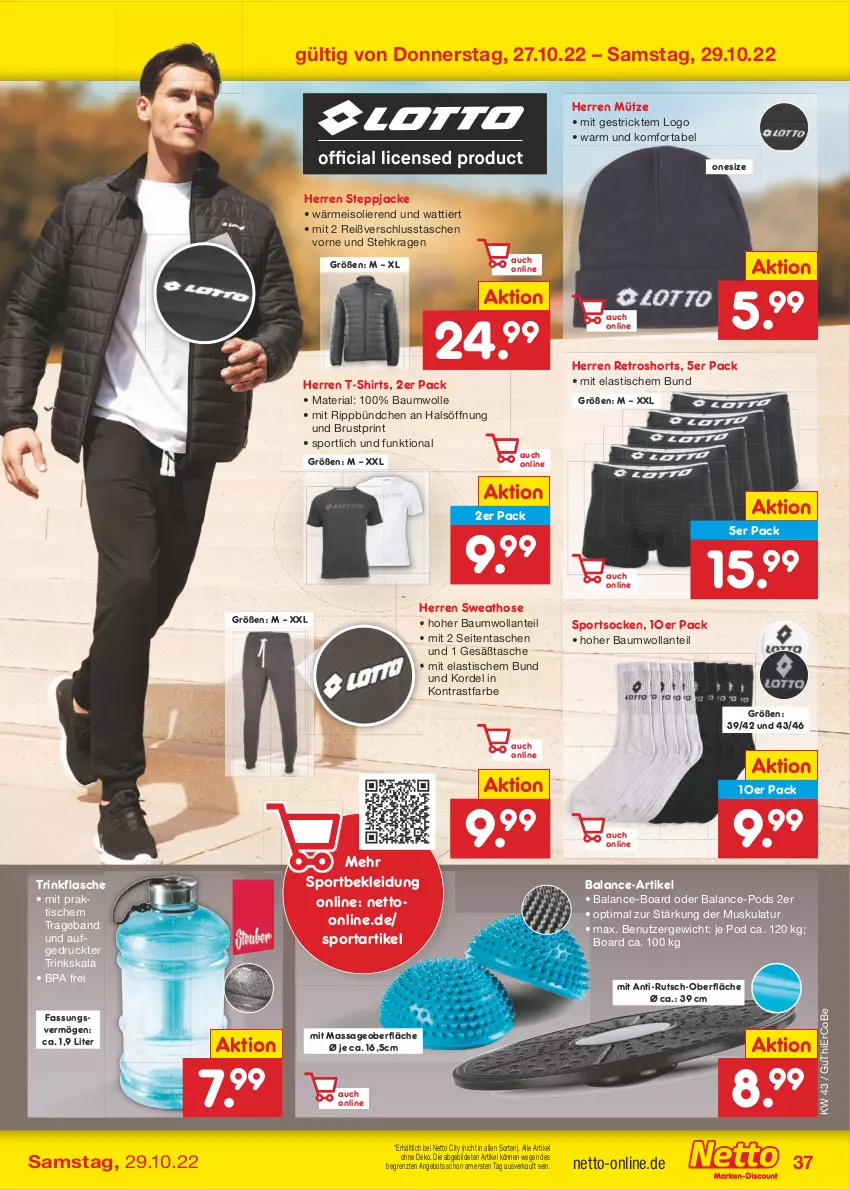 Aktueller Prospekt Netto Marken-Discount - Filial-Angebote - von 24.10 bis 29.10.2022 - strona 37 - produkty: angebot, asti, Bau, baumwolle, eis, flasche, hose, Jacke, kleid, Kleidung, Mütze, Pods, retroshorts, Ria, shirt, shirts, shorts, socken, Sport, sportsocken, Steppjacke, Sweathose, T-Shirt, Tasche, taschen, Ti, tisch, trinkflasche, wolle, ZTE