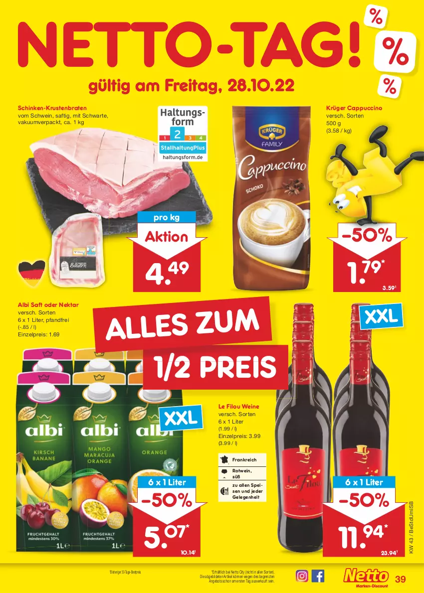 Aktueller Prospekt Netto Marken-Discount - Filial-Angebote - von 24.10 bis 29.10.2022 - strona 39 - produkty: angebot, bestpreis, braten, Cap, cappuccino, cin, eis, krüger, krustenbraten, Nektar, reis, rotwein, saft, schinken, schwein, Ti, wein, weine, ZTE