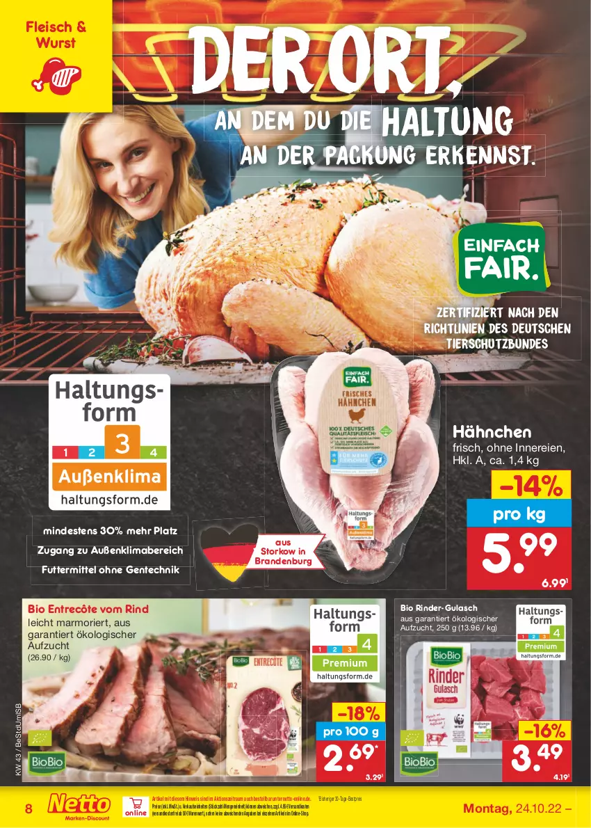 Aktueller Prospekt Netto Marken-Discount - Filial-Angebote - von 24.10 bis 29.10.2022 - strona 8 - produkty: bestpreis, bio, eis, ente, entrecôte, fleisch, gulasch, mab, ndk, reis, rind, rinder, schwein, Ti, versandkostenfrei, wein, wurst