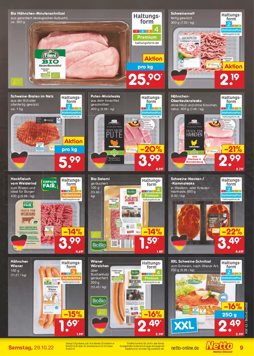 Aktueller Prospekt Netto Marken-Discount - Filial-Angebote - von 24.10 bis 29.10.2022 - strona 9 - produkty: angebot, bestpreis, bio, Bio-Salami, braten, buch, burger, eis, filet, fleisch, fleischwurst, gewürz, hackfleisch, Holz, kräuter, marinade, Mett, minutenschnitzel, natur, oder kräuter, Ofen, pute, reis, rind, salami, schinken, schinkenfleischwurst, schnitten, schnitzel, schwein, schweine, schweine-schnitzel, schweinemett, schweineschnitzel, steak, steaks, Ti, wein, weine, Weste, wiener, wiener würstchen, wurst, würstchen, ZTE