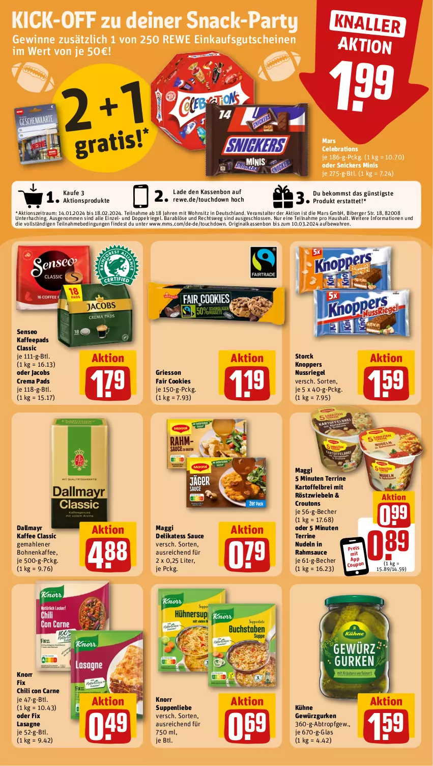 Aktueller Prospekt Rewe - Prospekte - von 05.02 bis 10.02.2024 - strona 19 - produkty: Becher, beko, Berger, bohne, bohnen, bohnenkaffee, Brei, chili, cookie, cookies, coupon, crema pads, croutons, dallmayr, delikatess sauce, eis, gemahlener bohnenkaffee, gewürz, Gewürzgurke, gewürzgurken, gin, griesson, gurke, gurken, gutschein, gutscheine, jacobs, Jacobs Crema, kaffee, kaffeepads, kartoffel, kartoffelbrei, knoppers, knorr, knorr fix, Kühne, lasagne, maggi, mars, mit röstzwiebeln, nudel, nudeln, nuss, nussriegel, oder jacobs, reis, riegel, röstzwiebeln, sauce, senseo, snack, snickers, storck, suppe, suppen, suppenliebe, terrine, Ti, zwiebel, zwiebeln