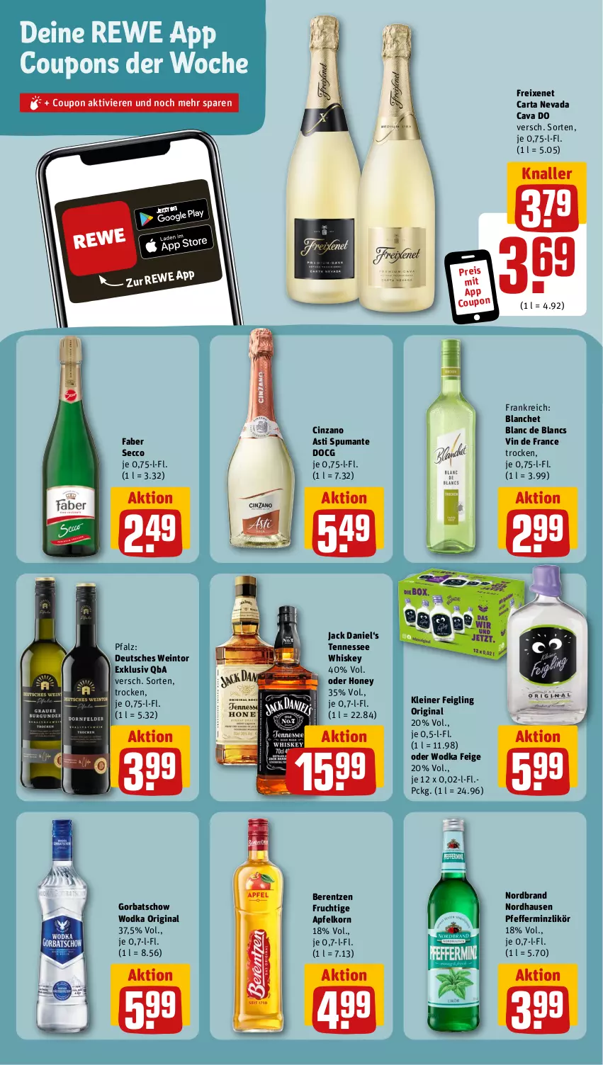 Aktueller Prospekt Rewe - Prospekte - von 05.02 bis 10.02.2024 - strona 20 - produkty: apfel, asti, berentzen, Cava, cin, cinzano, Cinzano Asti, coupon, coupons, de blancs, ecco, eis, freixenet, frucht, gin, Gorbatschow, gorbatschow wodka, jack daniel, kleiner feigling, korn, leine, likör, nordbrand, pfeffer, pfefferminzlikör, puma, reis, spumante, tennessee whiskey, Ti, vin de france, wein, whiskey, wodka