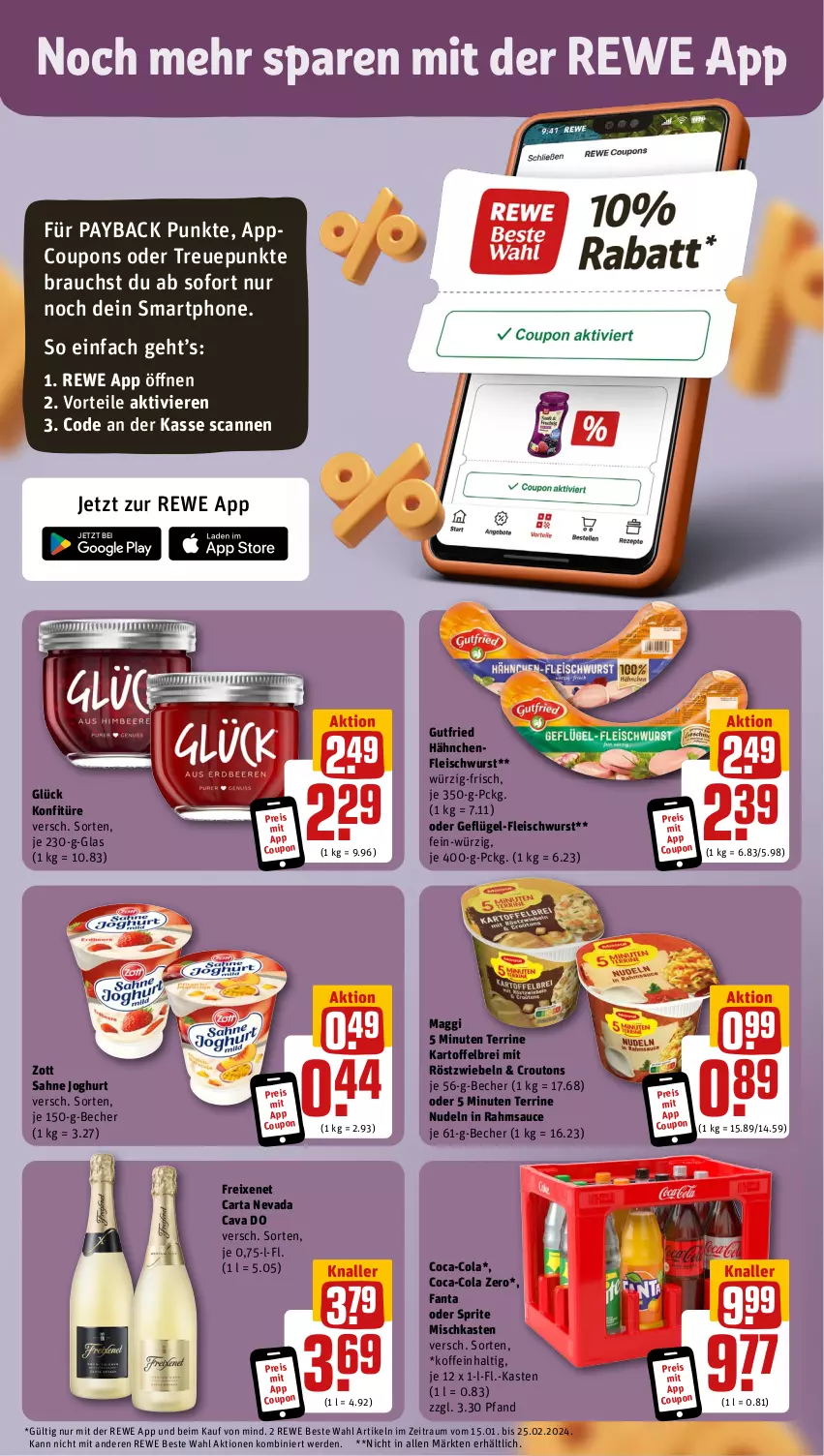 Aktueller Prospekt Rewe - Prospekte - von 05.02 bis 10.02.2024 - strona 3 - produkty: Becher, Brei, Cava, coca-cola, cola, coupon, coupons, croutons, eis, erde, fanta, fanta oder, fanta oder sprite, fleisch, fleischwurst, freixenet, Geflügel, Geflügel-Fleischwurst, gutfried, Hähnchenfleisch, joghur, joghurt, kartoffel, kartoffelbrei, konfitüre, maggi, mit röstzwiebeln, nudel, nudeln, oder sprite, payback, Rauch, reis, rewe beste wahl, röstzwiebeln, sahne, sahne joghurt, sauce, smartphone, sprite, terrine, Ti, wurst, zott, zwiebel, zwiebeln