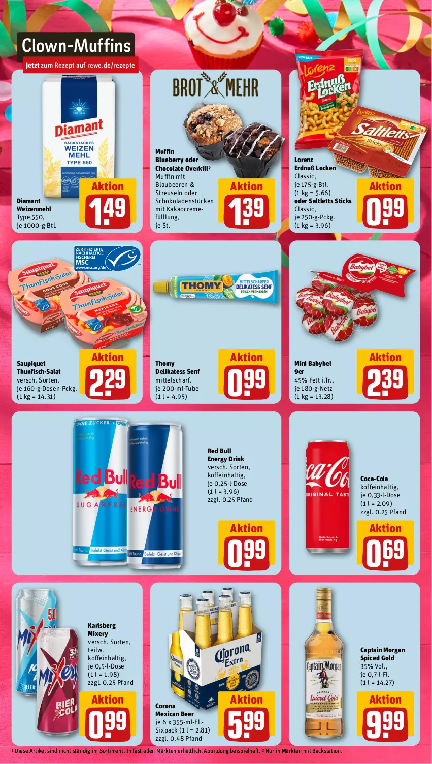 Aktueller Prospekt Rewe - Prospekte - von 05.02 bis 10.02.2024 - strona 7 - produkty: babybel, beere, beeren, Blaubeer, blaubeere, blueberry, Cap, captain morgan, coca-cola, cola, corona, creme, delikatess senf, drink, eis, energy drink, fisch, kakao, karlsberg, karlsberg mixery, lorenz, mehl, mini babybel, Mixer, mixery, Muffin, muffins, red bull, rezept, rezepte, salat, saltletts, saupiquet, schoko, schokolade, schokoladen, senf, thomy, thunfisch, Ti, weizenmehl