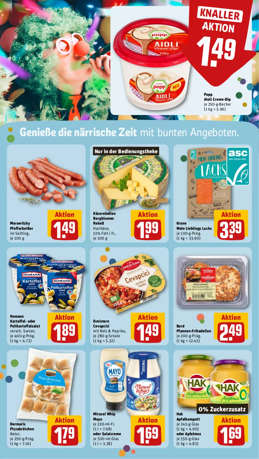 Aktueller Prospekt Rewe - Prospekte - von 05.02 bis 10.02.2024 - strona 8 - produkty: aioli, angebot, angebote, apfel, apfelmus, Becher, blume, blumen, brötchen, cevapcici, creme, dell, dip, dreistern, eis, elle, frikadellen, hartkäse, homann, kartoffel, kartoffelsalat, Käse, Käserebellen, krone, lachs, miracel, miracel whip, natur, paprika, pfanne, pfannen, pfeffer, Pfefferbeißer, pizza, Popp, rebell, reis, salat, salatcreme, Schal, Schale, Ti, Yo, zucker