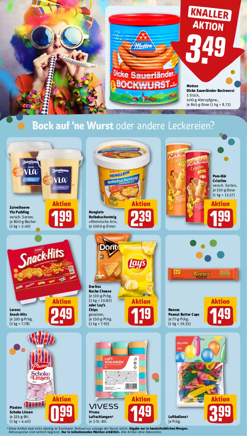 Aktueller Prospekt Rewe - Prospekte - von 05.02 bis 10.02.2024 - strona 9 - produkty: aktionspreis, alle artikel ohne dekoration, auer, ball, Becher, bockwurst, butter, chips, dekoration, Dicke Sauerländer Bockwurst, Doritos, eimer, eis, ente, henglein, kuchen, linsen, lorenz, Luftballon, Luftschlangen, Mett, metten, nacho, nacho cheese, peanut butter, pom-bär, pudding, reis, salz, schoko, snack, Ti, wurst