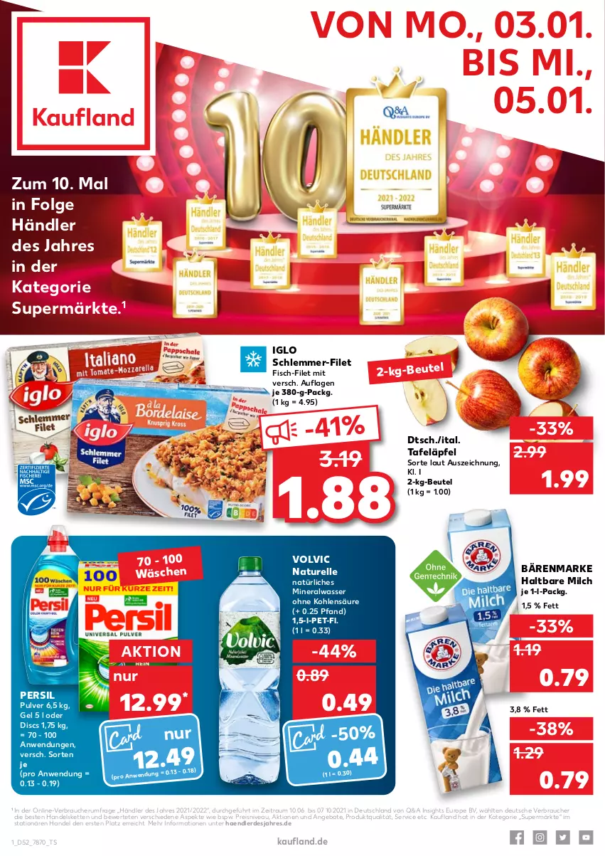 Aktueller Prospekt Kaufland - von 03.01 bis 05.01.2022 - strona 1 - produkty: Alwa, angebot, angebote, bärenmarke, beutel, eis, elle, erde, filet, fisch, haltbare milch, iglo, Kette, LG, milch, mineralwasser, natur, natürliches mineralwasser, nivea, persil, Rauch, reis, rel, rum, schlemmer-filet, tafeläpfel, Ti, volvic, wasser