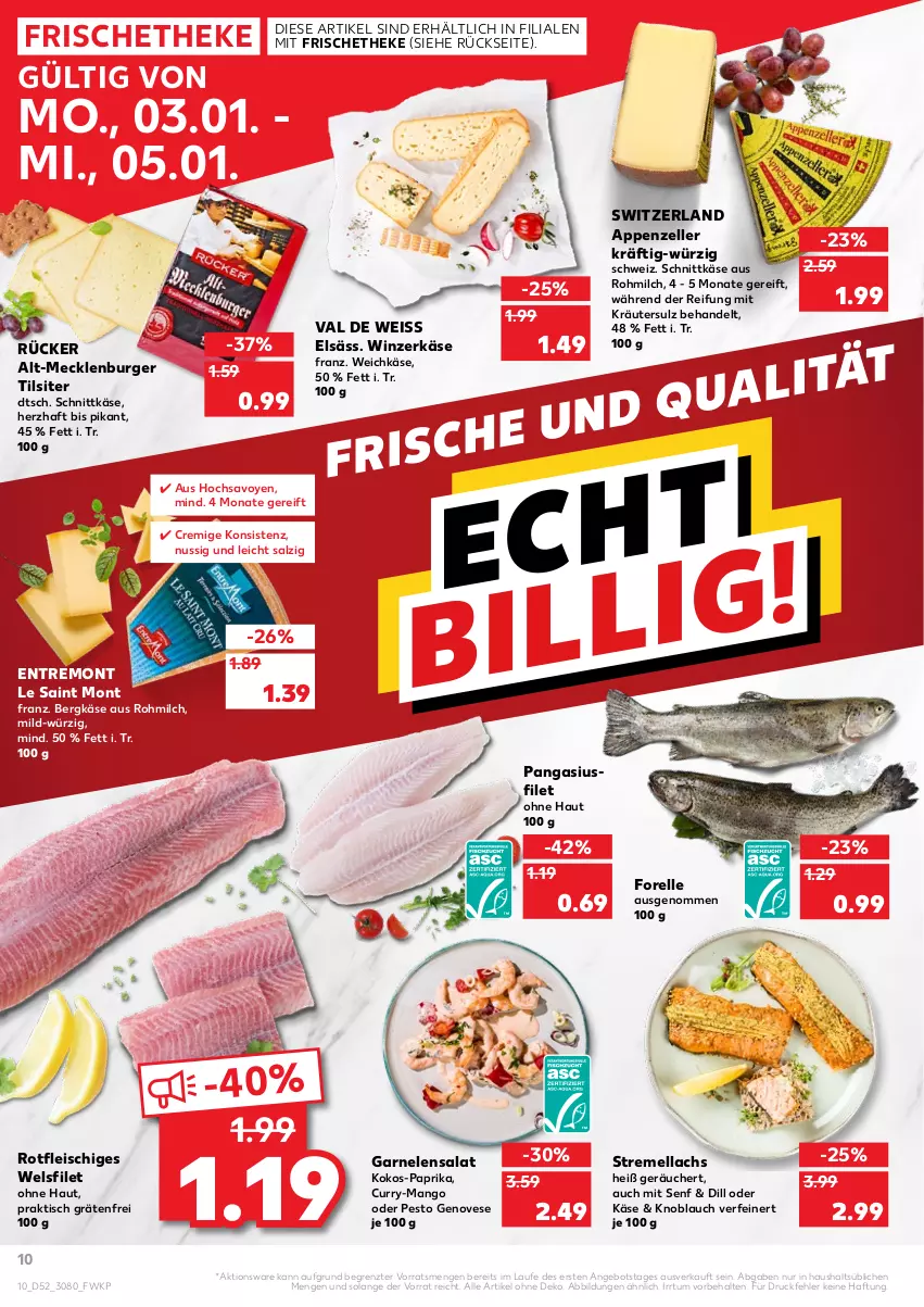 Aktueller Prospekt Kaufland - von 03.01 bis 05.01.2022 - strona 10 - produkty: angebot, appenzeller, Bergkäse, burger, curry, eis, elle, filet, fleisch, forelle, garnelen, genovese, Käse, knoblauch, kokos, kräuter, lachs, mango, milch, nuss, Pangasius, paprika, pesto, rel, salat, salz, schnittkäse, senf, Ti, Tilsiter, tisch, weichkäse, Wels, ZTE