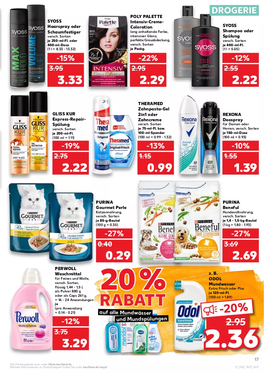 Aktueller Prospekt Kaufland - von 03.01 bis 05.01.2022 - strona 17 - produkty: angebot, angebote, beutel, Cap, creme, deo, deospray, gliss, gliss kur, haarspray, katzennahrung, mundspülung, mundwasser, oder schaumfestiger, Odol, Palette, pasta, perwoll, purina, rexona, schaumfestiger, shampoo, shampoo oder spülung, spülung, syoss, theramed, Ti, waschmittel, wasser, wolle, Yo, zahncreme, zahnpasta