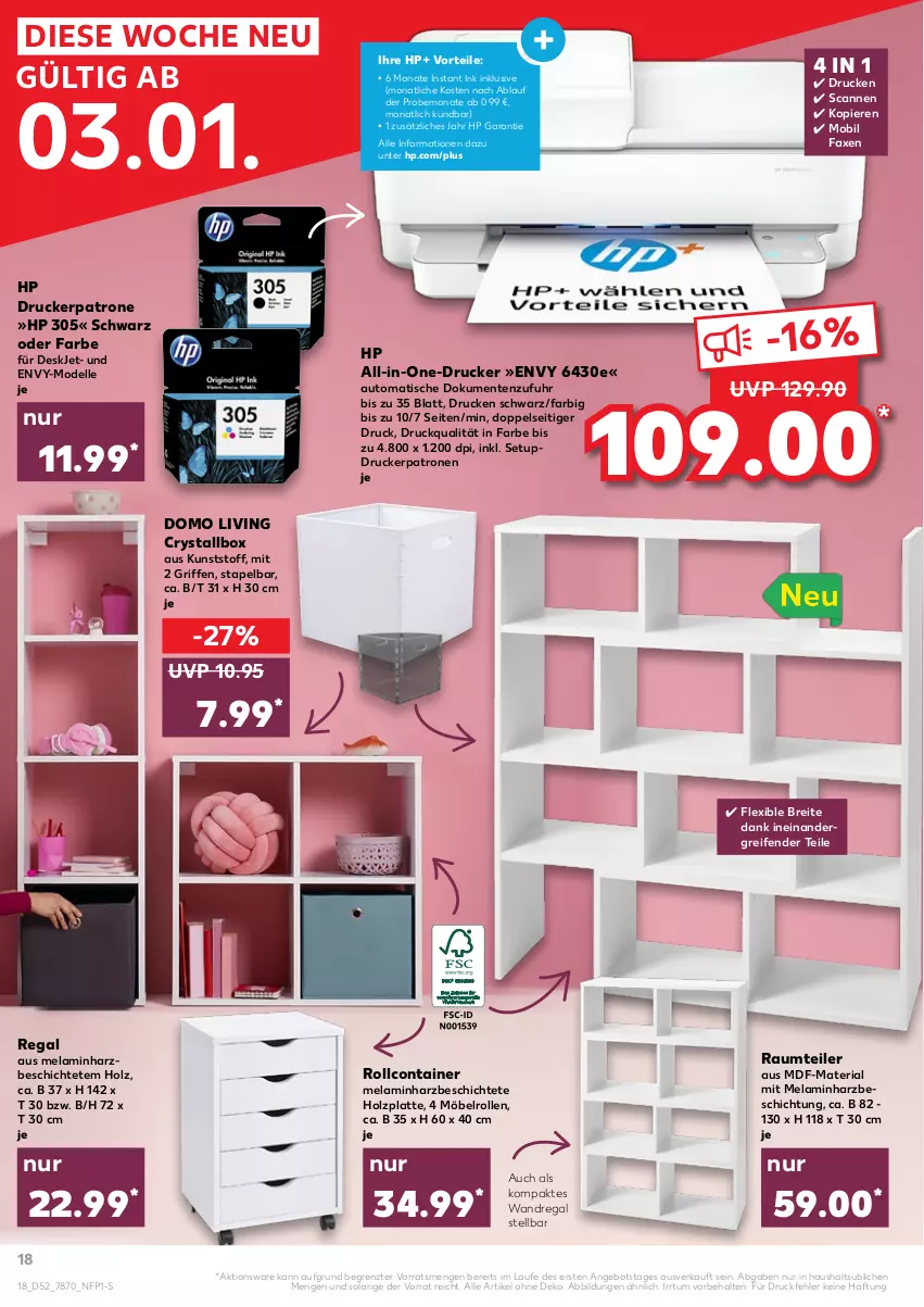 Aktueller Prospekt Kaufland - von 03.01 bis 05.01.2022 - strona 18 - produkty: angebot, auto, Brei, Container, dell, drucker, elle, ente, Holz, HP, latte, möbel, Mode, regal, reifen, Ria, rollcontainer, Ti, tisch, uhr, wandregal, ZTE