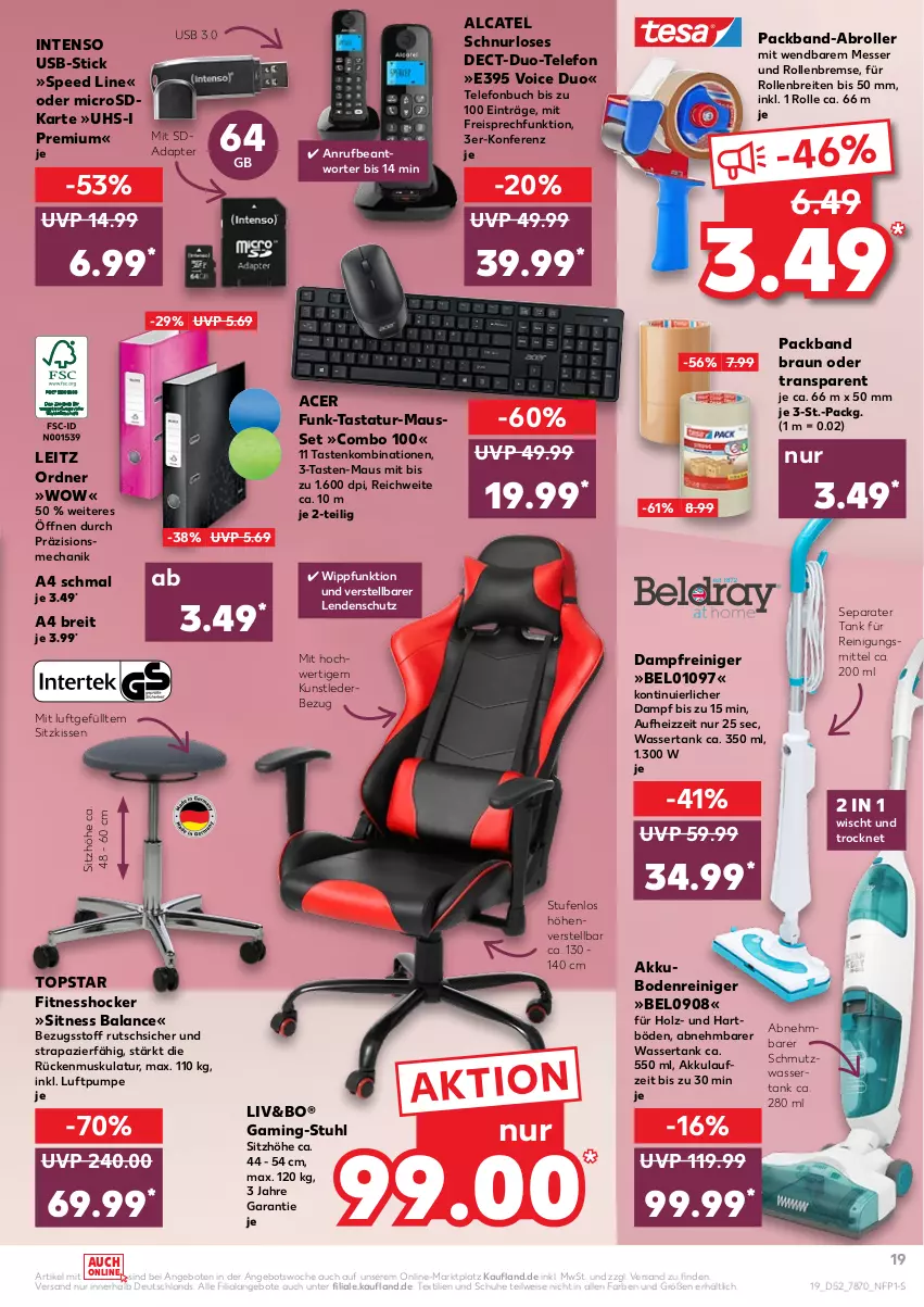 Aktueller Prospekt Kaufland - von 03.01 bis 05.01.2022 - strona 19 - produkty: acer, adapter, akku, angebot, angebote, braun, Brei, buch, dampfreiniger, eis, hocker, Holz, intenso, kissen, leitz, Maus, messer, microsd, ordner, Packband, reiniger, Reinigung, Reinigungsmittel, reis, Roller, schuhe, Sitzhöhe, sitzkissen, spee, stuhl, Tastatur, telefon, Ti, usb, wasser, wassertank