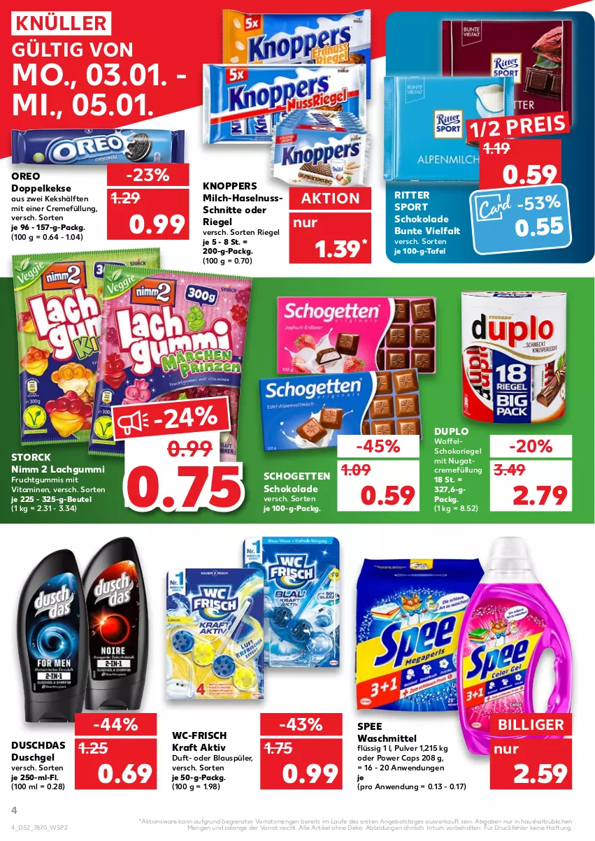 Aktueller Prospekt Kaufland - von 03.01 bis 05.01.2022 - strona 4 - produkty: angebot, beutel, Cap, creme, Doppelkekse, duplo, duschdas, duschgel, eis, frucht, fruchtgummi, fruchtgummis, haselnuss, keks, kekse, knoppers, kraft, lachgummi, milch, Nimm 2, nuss, oreo, reis, riegel, ritter, ritter sport, schogetten, schoko, schokolade, schokoriegel, spee, Sport, storck, Ti, vita, Vitamine, waschmittel, ZTE