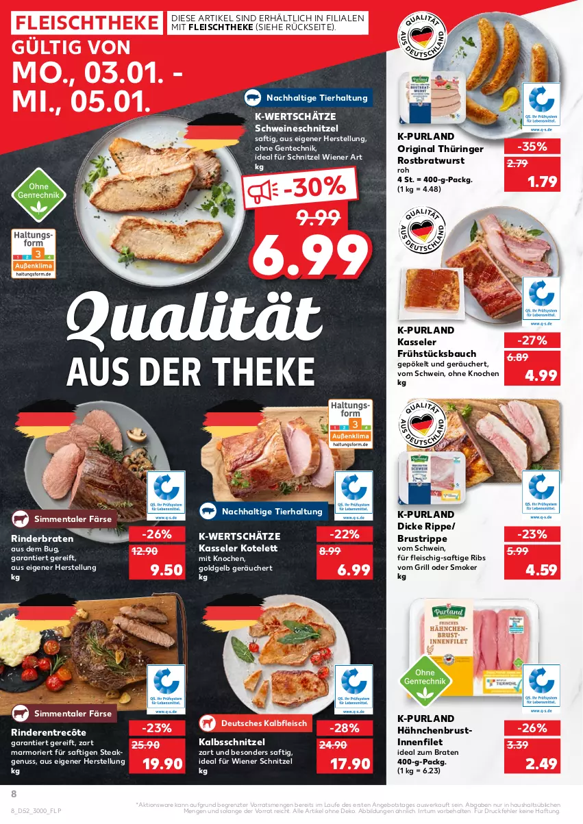 Aktueller Prospekt Kaufland - von 03.01 bis 05.01.2022 - strona 8 - produkty: angebot, Bau, braten, bratwurst, eis, ente, entrecôte, filet, fleisch, gin, grill, hähnchenbrust, ideal zum braten, Kalbfleisch, kalbsschnitzel, kasseler, kotelett, nuss, original thüringer, purland, rind, rinder, rinderbraten, ring, rostbratwurst, saft, schnitzel, schwein, schweine, schweineschnitzel, sim, steak, thüringer rostbratwurst, Ti, wein, weine, wiener, wurst, ZTE