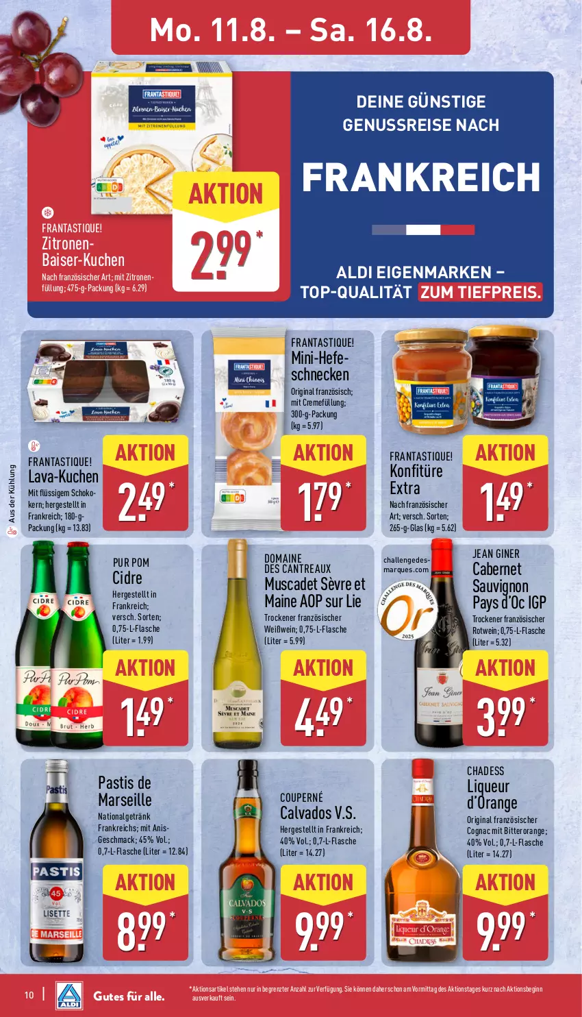 Aktueller Prospekt Aldi Nord - Von Montag - von 11.08 bis 16.08.2025 - strona 10 - produkty: aldi, asti, cabernet, cabernet sauvignon, Cognac, creme, eis, flasche, getränk, gin, Hefe, konfitüre, konfitüre extra, kuchen, LG, liqueur, mac, mars, nuss, orange, reis, rotwein, sauvignon, schoko, Ti, tiefpreis, wein, Weißwein, zitrone, zitronen, ZTE