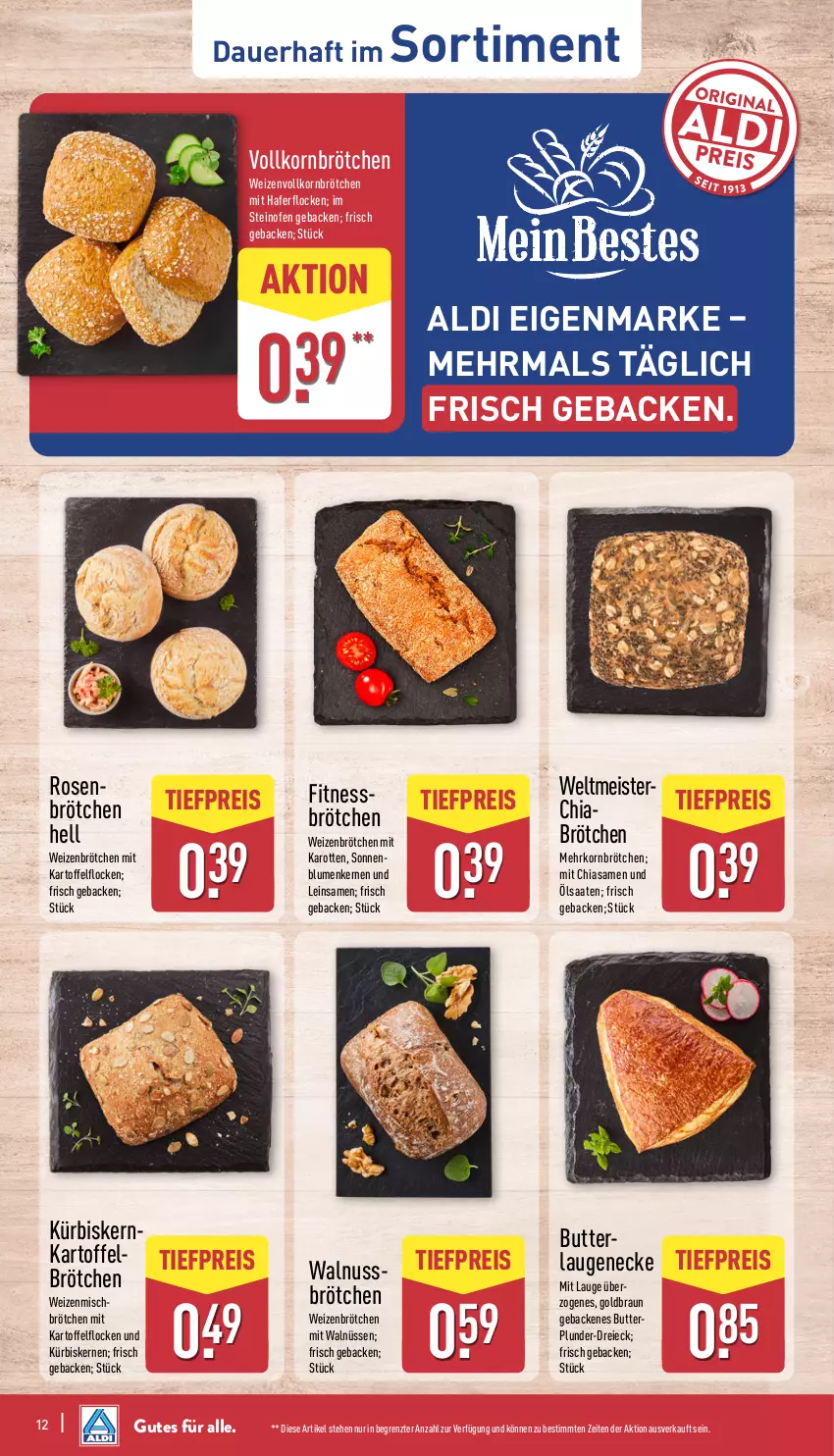 Aktueller Prospekt Aldi Nord - Von Montag - von 11.08 bis 16.08.2025 - strona 12 - produkty: aldi, auer, blume, blumen, braun, brötchen, butter, chia, eis, Fitnessbrötchen, geback, hafer, haferflocken, karotten, kartoffel, korn, Kürbis, kürbiskerne, Laugeneck, mehrkornbrötchen, Meister, nuss, Ofen, Plunder, reis, rosen, sonnenblume, sonnenblumen, Sonnenblumenkerne, sonnenblumenkernen, steinofen, Ti, tiefpreis, walnuss, weizenbrötchen, ZTE