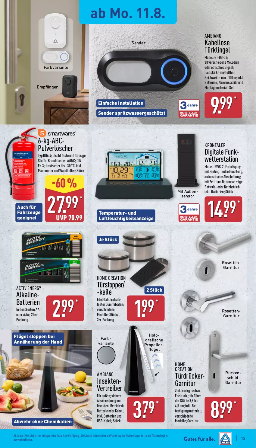 Aktueller Prospekt Aldi Nord - Von Montag - von 11.08 bis 16.08.2025 - strona 13 - produkty: ambia, auto, batterie, batterien, beleuchtung, dell, edelstahl, elle, fisch, fische, garnitur, gin, Mode, ndk, Ria, Schal, sekt, Signal, Ti, tisch, topper, türstopper, usb, wasser, Wetterstation, ZTE