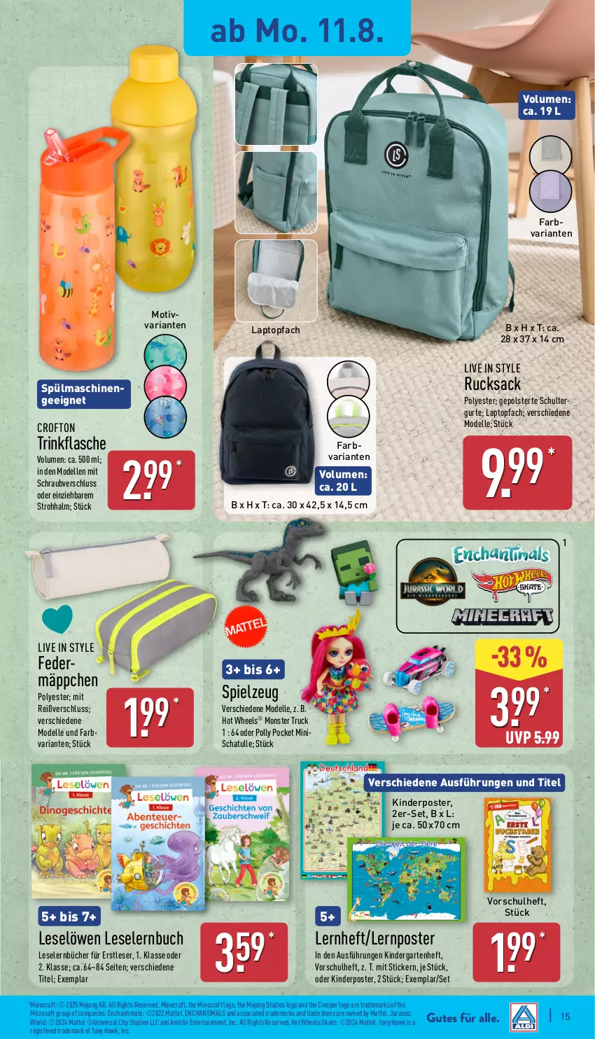 Aktueller Prospekt Aldi Nord - Von Montag - von 11.08 bis 16.08.2025 - strona 15 - produkty: buch, Crofton, dell, elle, ente, Federmäppchen, flasche, Garten, Hot Wheels, Jura, Kinder, Laptop, Mattel, Mode, monster, Monster Truck, Ria, rucksack, sac, schultergurt, spielzeug, spülmaschinen, Ti, topf, trinkflasche