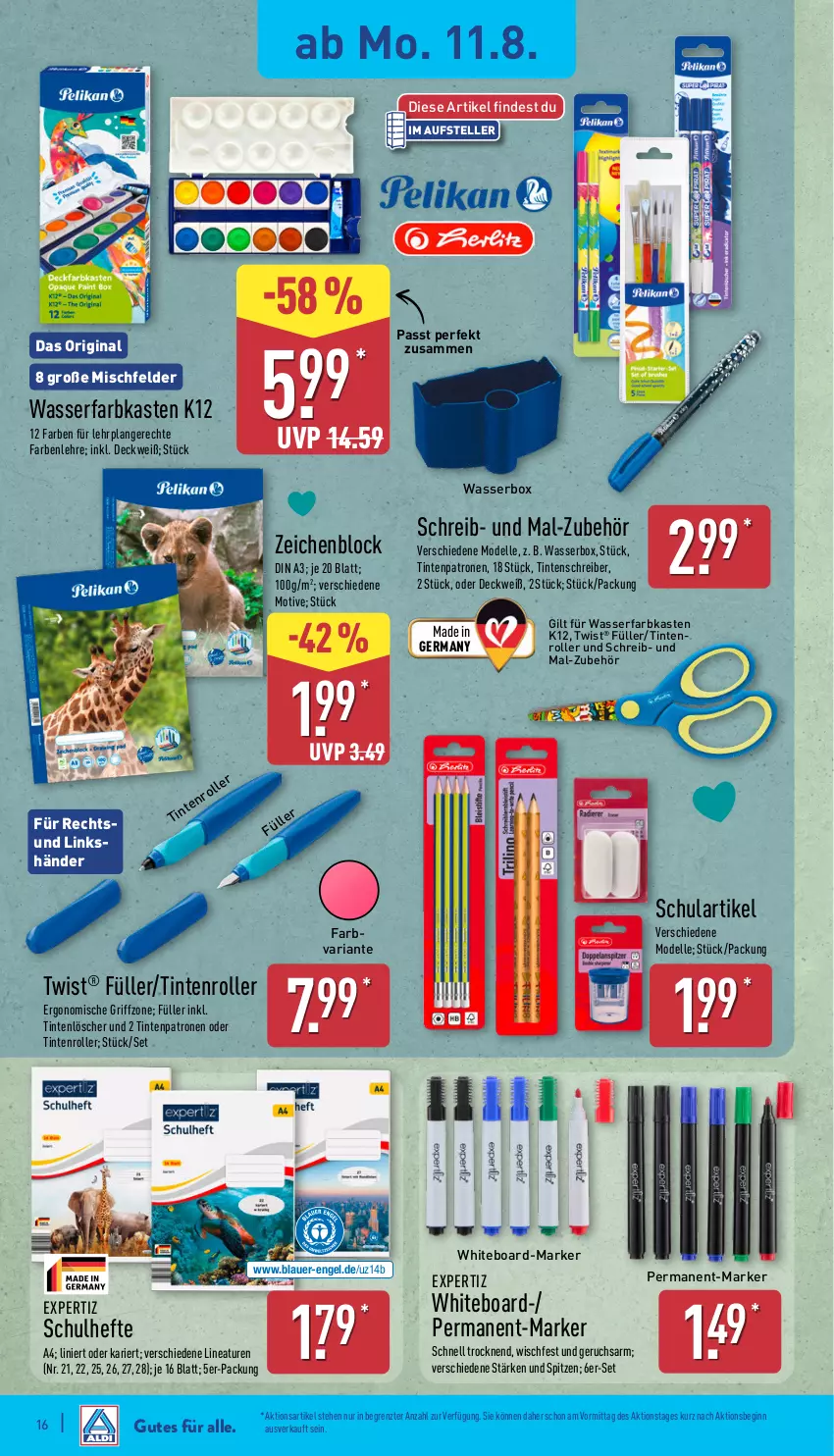 Aktueller Prospekt Aldi Nord - Von Montag - von 11.08 bis 16.08.2025 - strona 16 - produkty: auer, dell, elle, Engel, expertiz, Germ, gin, Hefte, Mode, Ria, Roller, teller, Ti, Tintenlöscher, Tintenpatrone, wasser, zeichenblock, ZTE