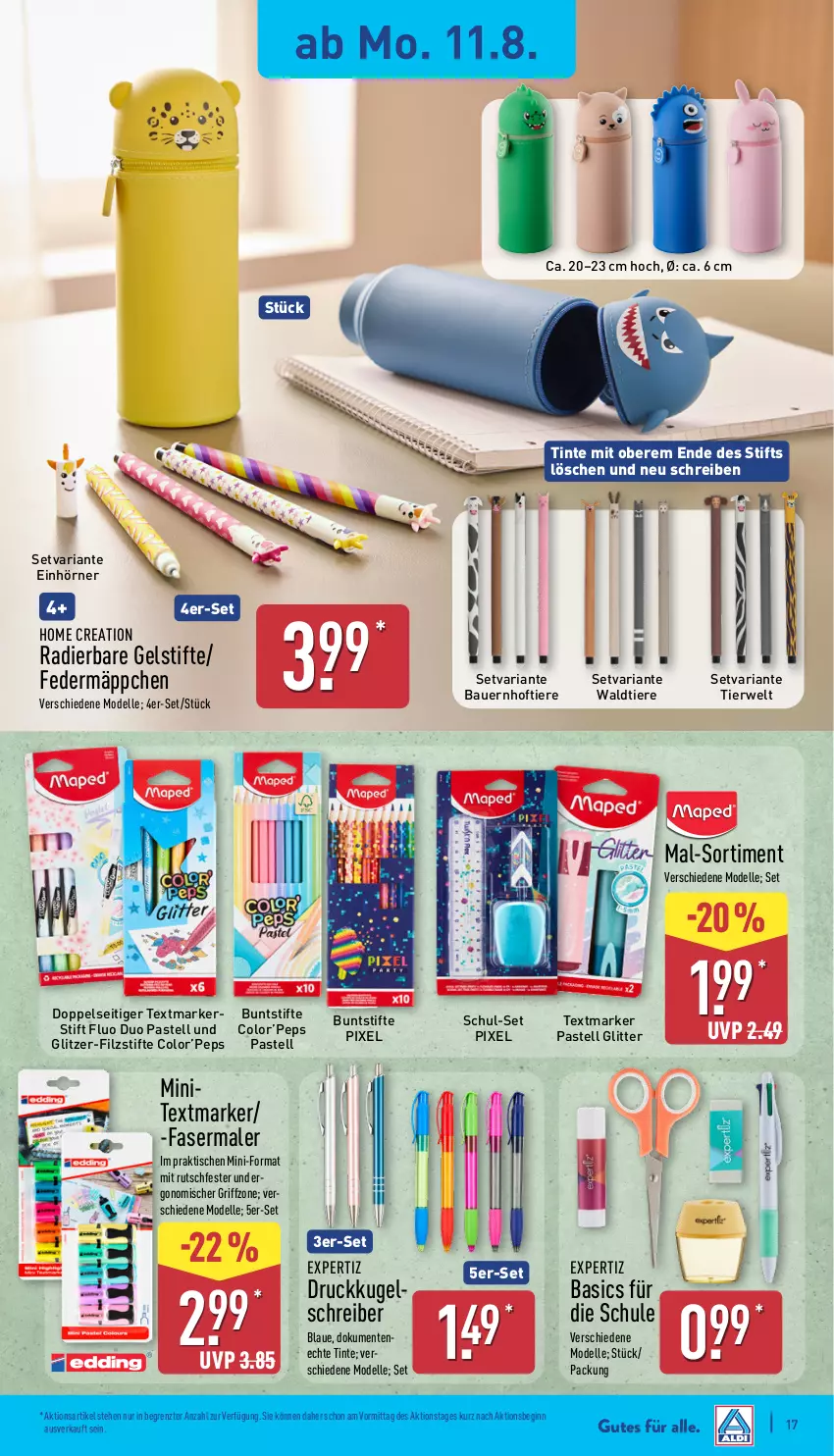 Aktueller Prospekt Aldi Nord - Von Montag - von 11.08 bis 16.08.2025 - strona 17 - produkty: auer, Bau, Bauer, buntstifte, dell, elle, ente, expertiz, fasermaler, Federmäppchen, gin, Kugel, kugelschreiber, Mode, Ria, rwe, stifte, textmarker, Ti, Tiere, tisch, ZTE