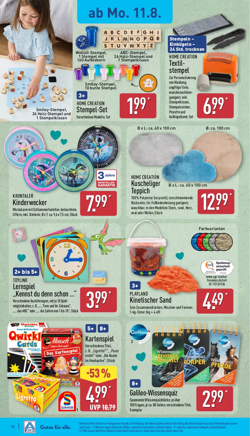 Aktueller Prospekt Aldi Nord - Von Montag - von 11.08 bis 16.08.2025 - strona 18 - produkty: Aufkleber, batterie, bügel, dell, eimer, elle, ente, gin, Heu, Holz, Kartenspiel, Kinder, kissen, kleber, kleid, Kleidung, Lernspiel, Leuchte, Mode, Persona, Pinzette, Ria, rwe, Spiele, teppich, Ti, Tiere, tisch, waschmaschine, waschmaschinen, weck, ZTE