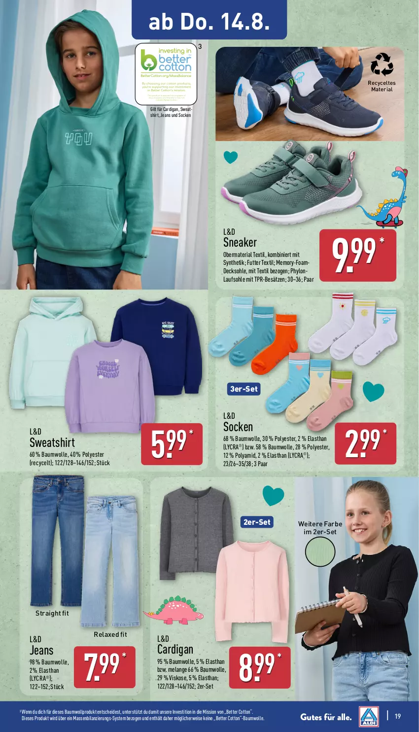 Aktueller Prospekt Aldi Nord - Von Montag - von 11.08 bis 16.08.2025 - strona 19 - produkty: axe, Bau, baumwolle, bett, Cardigan, decksohle, eis, Elan, Hylo, jeans, rel, Ria, rwe, shirt, sneaker, socken, Sweatshirt, Ti, wolle