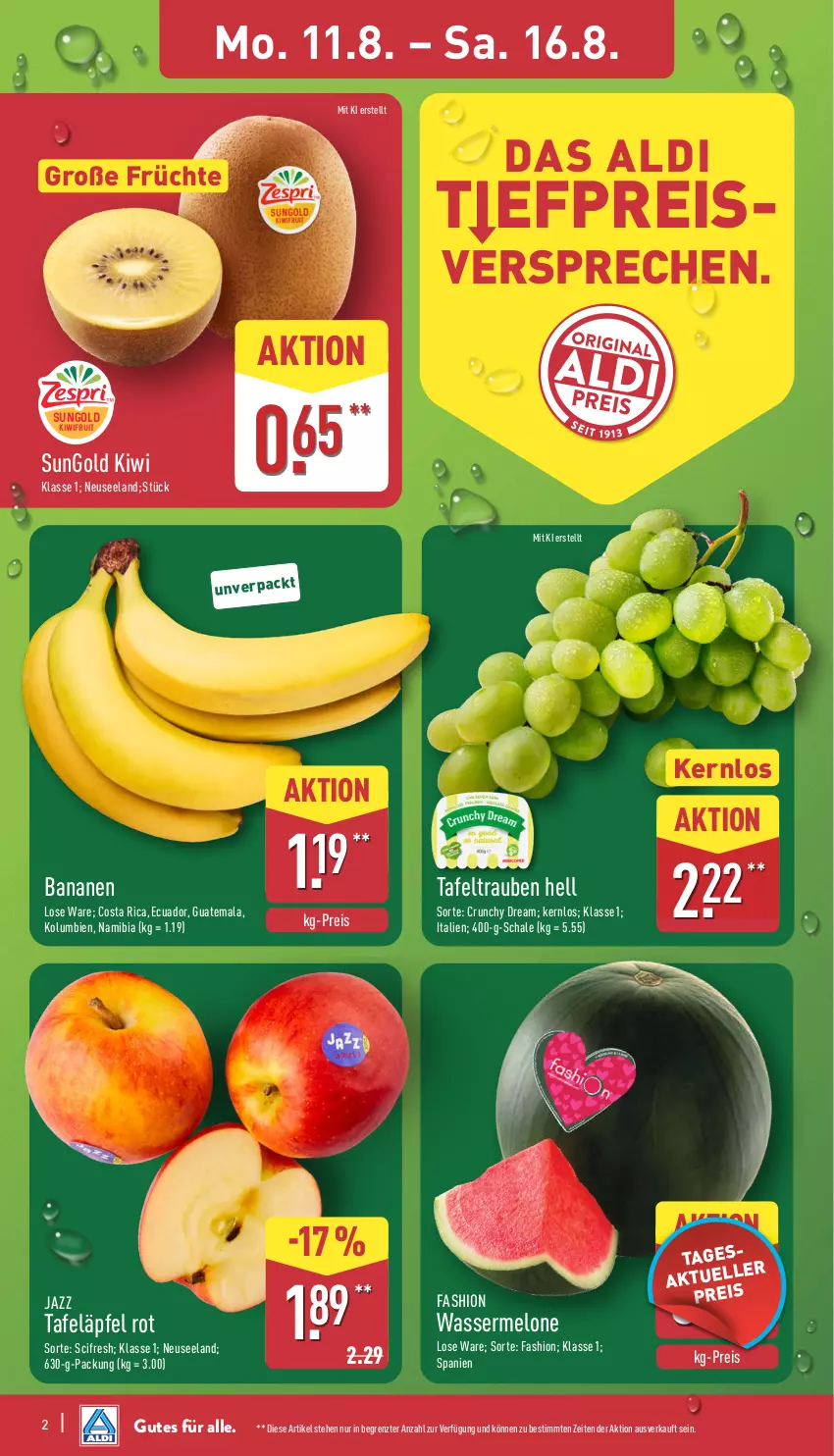 Aktueller Prospekt Aldi Nord - Von Montag - von 11.08 bis 16.08.2025 - strona 2 - produkty: aldi, banane, bananen, Cif, eis, Elan, früchte, kiwi, kiwifruit, melone, reis, Schal, Schale, tafeläpfel, tafeltrauben, Ti, trauben, wasser, wassermelone, ZTE