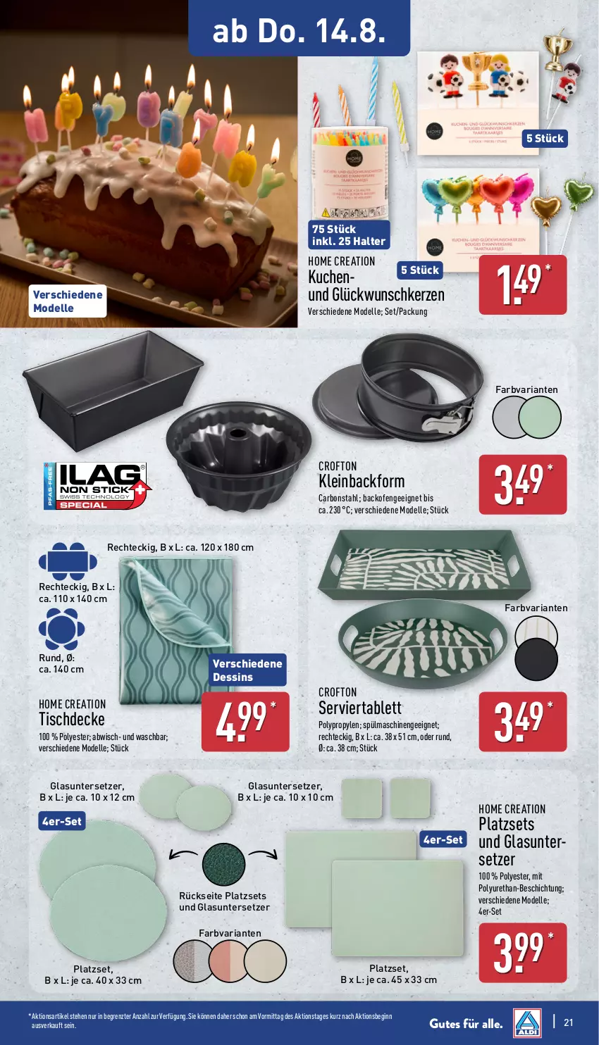 Aktueller Prospekt Aldi Nord - Von Montag - von 11.08 bis 16.08.2025 - strona 21 - produkty: Backform, backofen, Crofton, decke, dell, elle, gin, kerze, kuchen, Mode, Ofen, Ria, Serviertablett, spülmaschinen, tablet, tablett, Ti, tisch, tischdecke, Untersetzer, ZTE