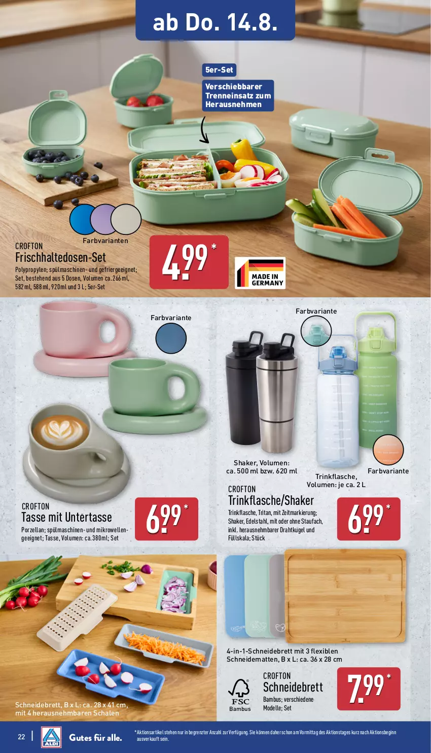 Aktueller Prospekt Aldi Nord - Von Montag - von 11.08 bis 16.08.2025 - strona 22 - produkty: bambus, Crofton, dell, Draht, edelstahl, elle, Ergee, flasche, frischhaltedosen, gin, Kugel, mikrowelle, Mode, Ria, Schal, Schale, schneidebrett, shake, spülmaschinen, tasse, Ti, trinkflasche, ZTE