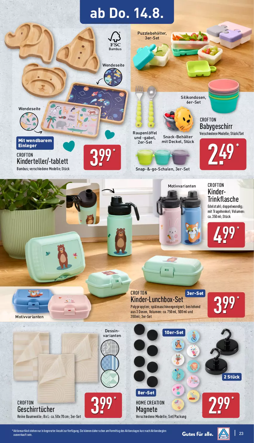 Aktueller Prospekt Aldi Nord - Von Montag - von 11.08 bis 16.08.2025 - strona 23 - produkty: bambus, Bau, baumwolle, Behälter, Crofton, decke, Deckel, dell, edelstahl, elle, flasche, gabel, geschirr, geschirrtücher, gin, henkel, Kinder, Löffel, lunchbox, Mode, Puzzle, reine baumwolle, Ria, Schal, Schale, snack, spülmaschinen, tablet, tablett, teller, Ti, trinkflasche, tücher, wolle, ZTE