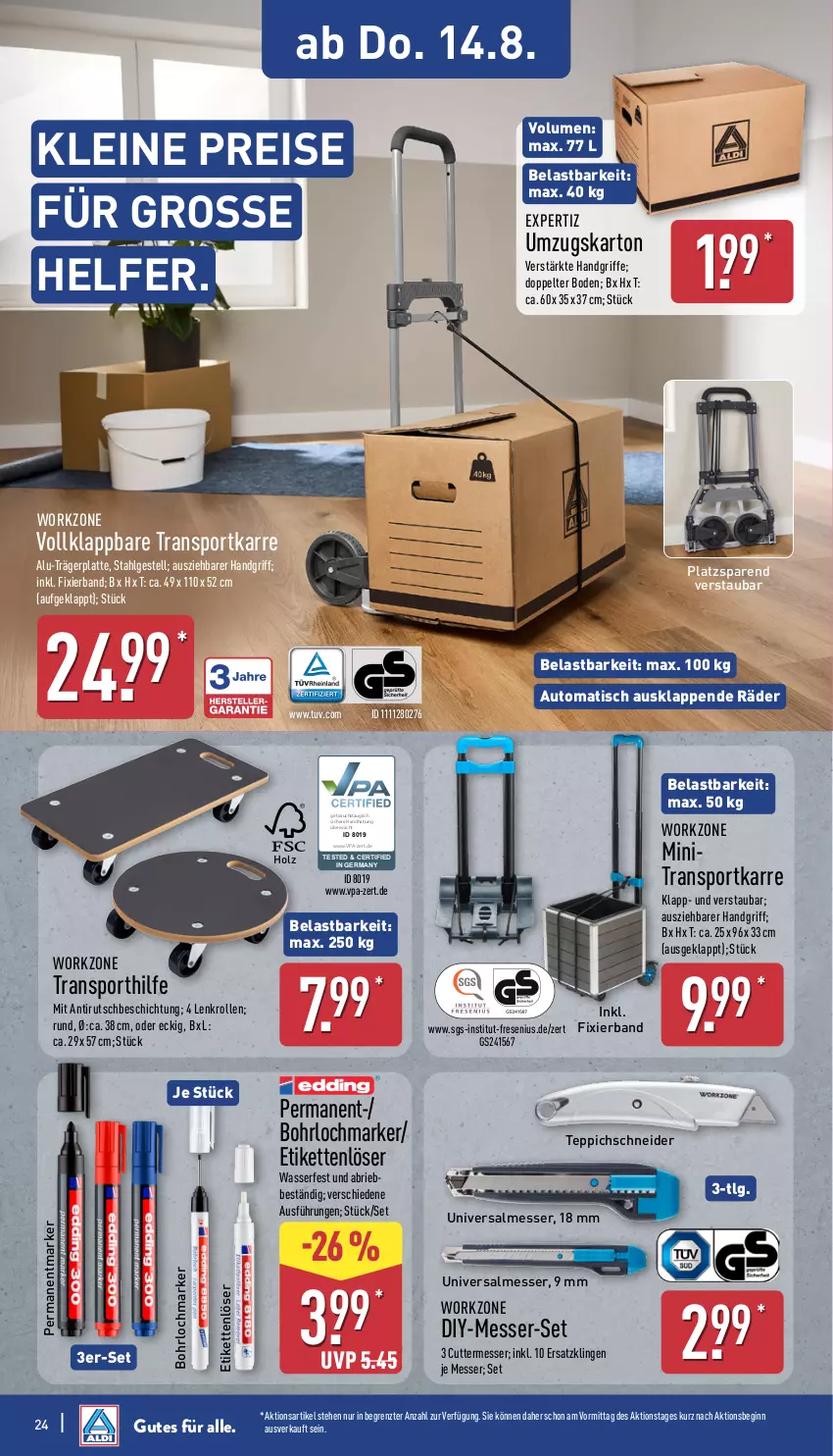 Aktueller Prospekt Aldi Nord - Von Montag - von 11.08 bis 16.08.2025 - strona 24 - produkty: auto, brie, eis, expertiz, Germ, gin, Holz, Kette, latte, leine, LG, messer, Rauch, reis, Sport, teppich, Ti, tisch, transportkarre, umzugskarton, wasser, ZTE